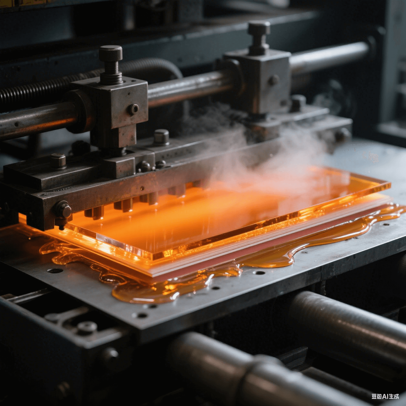 工業級層壓機工藝特寫 - 鋼板夾層中琥珀色樹脂高溫流動 - 350psi 壓力形成薄介質層 - 分層材料邊緣晶瑩膠體 - 熱壓板反射熾熱橙光 - 深灰機械結構與蒸汽朦朧效果 工業級層壓機工藝特寫 - 鋼板夾層中琥珀色樹脂高溫流動 - 350psi 壓力形成薄介質層 - 分層材料邊緣晶瑩膠體 - 熱壓板反射熾熱橙光 - 深灰機械結構與蒸汽朦朧效果