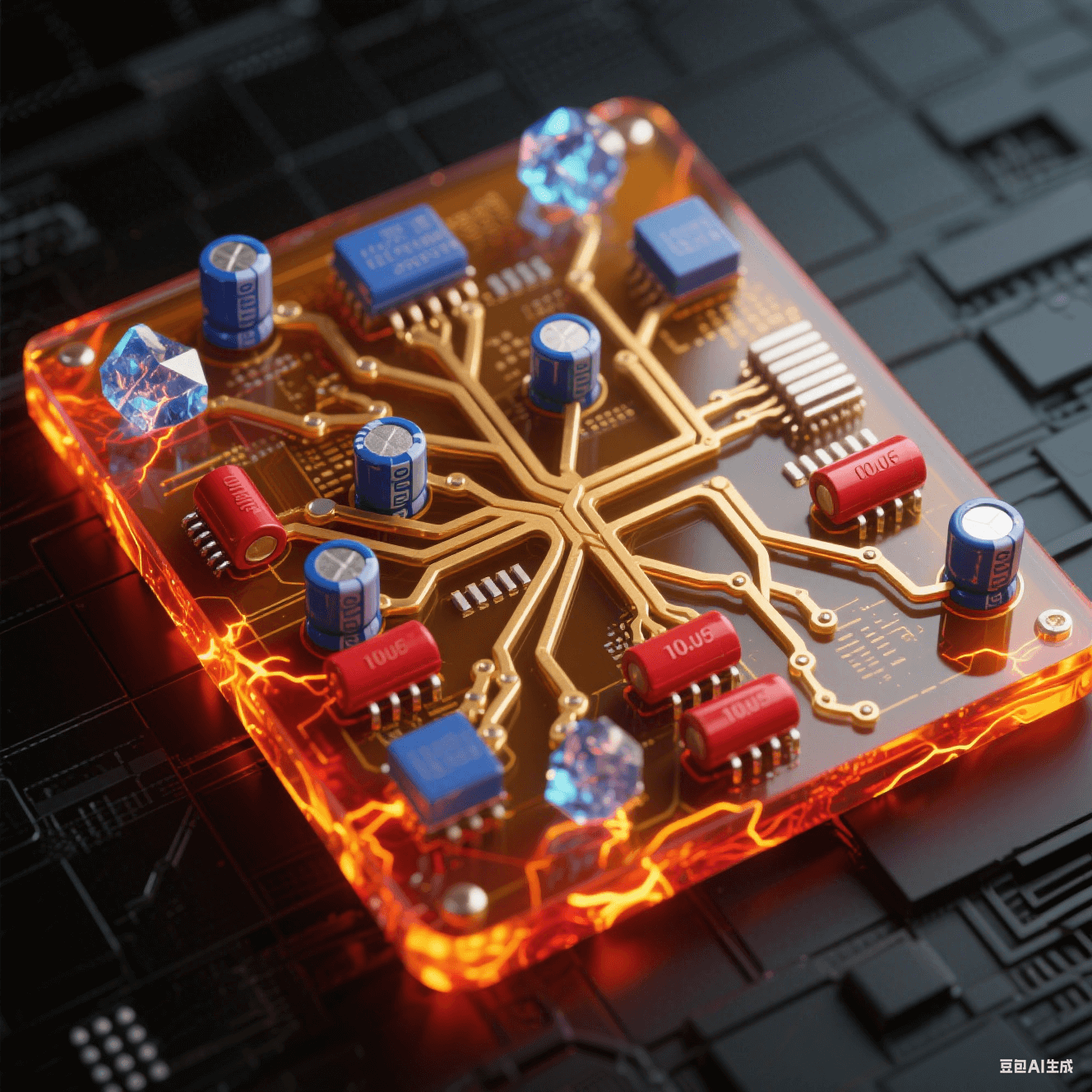 琥珀色透明基板上錯綜電源樹突網絡，厚鍍金主干道泛熔融橙紅光，鈷藍陶瓷電容群跳電弧光，猩紅電解電容蕩漾熱能波紋，磨砂黑底板浮現金網格