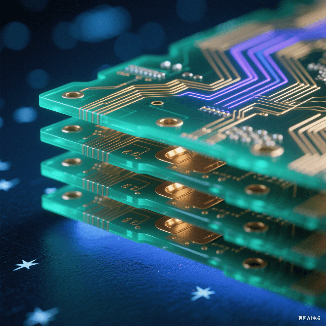 多層電路板剖面透視圖：翡翠綠半透明基材中嵌入黃金銅箔走線，表面流動藍紫色光軌，深藍地平面泛光暈，冷白星點懸浮背景，啞光過孔陣列貫穿層間