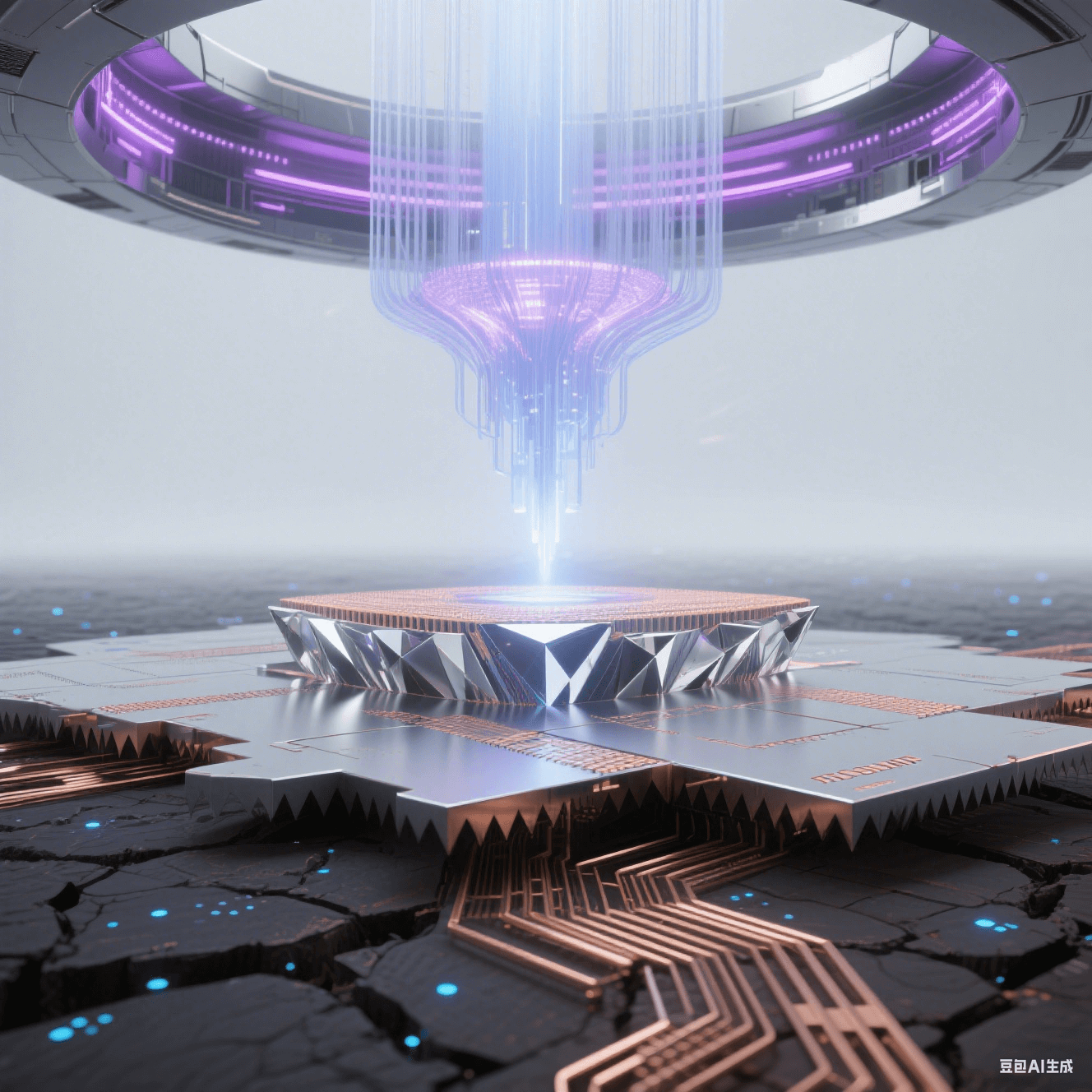 抽象科技穹頂下的技術(shù)演進(jìn)，底部傳統(tǒng)蝕刻銅線如干裂大地，中部 mSAP 銅線如精密切割水晶，頂部 EUV 光刻 3μm 銅線如懸浮納米絲，極紫外激光激發(fā)紫色等離子輝光