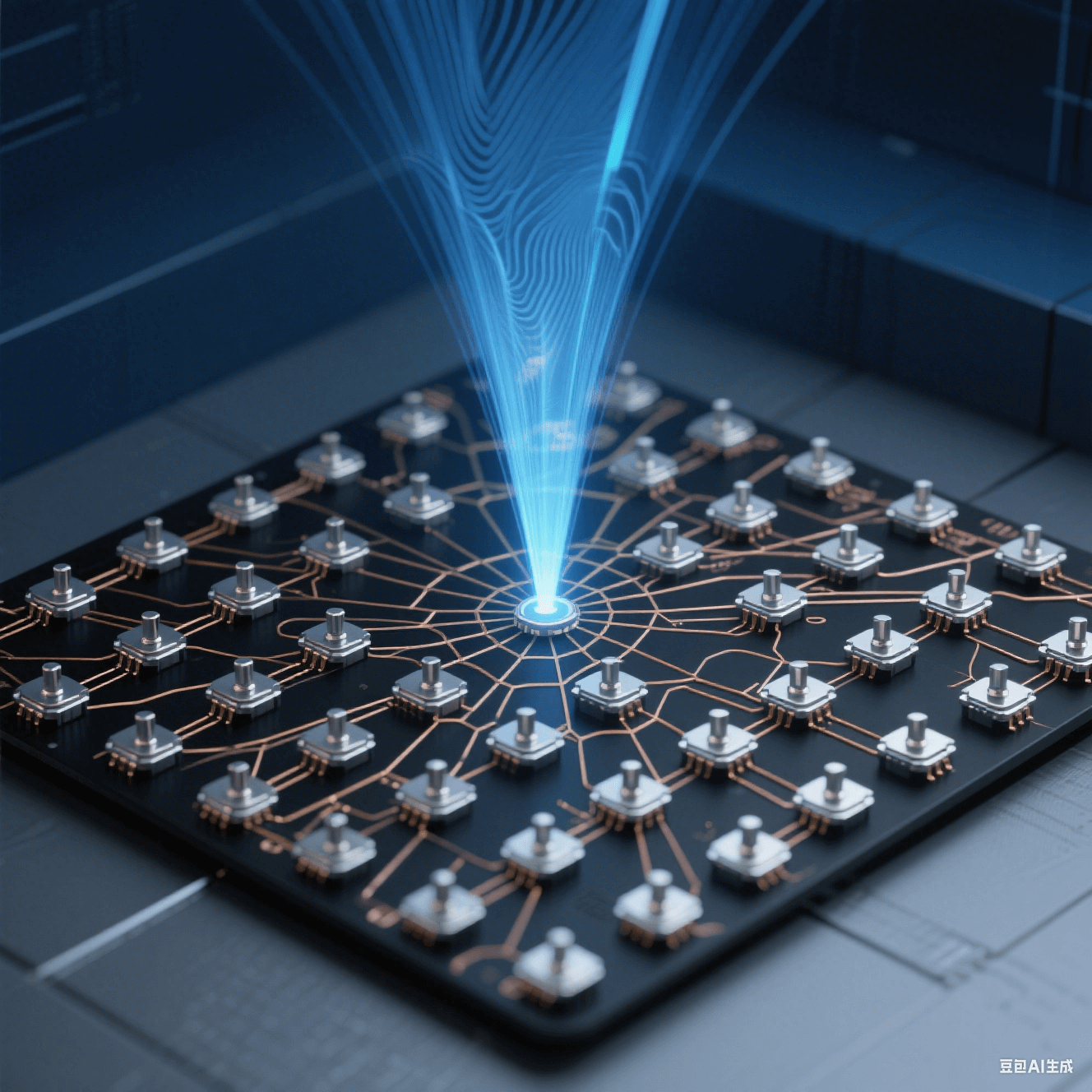 俯視視角的 5G 基站陣列，256 個(gè)銀色金屬觸點(diǎn)呈蜂巢矩陣排布，微米級銅線交織，漸變藍(lán)光束狀毫米波信號形成干涉波紋，背景深空藍(lán)與霧灰色模擬信號穿墻衰減