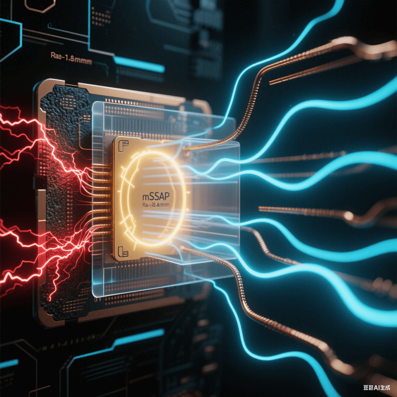 暗黑空間中高頻信號傳輸對比，左側(cè)粗糙銅線（Ra>1.8μm）電流紊亂如紅色閃電，右側(cè) mSAP 光滑銅線（Ra<0.4μm）電流均勻如藍(lán)色絲綢，金色電磁波束穿透透明介質(zhì)