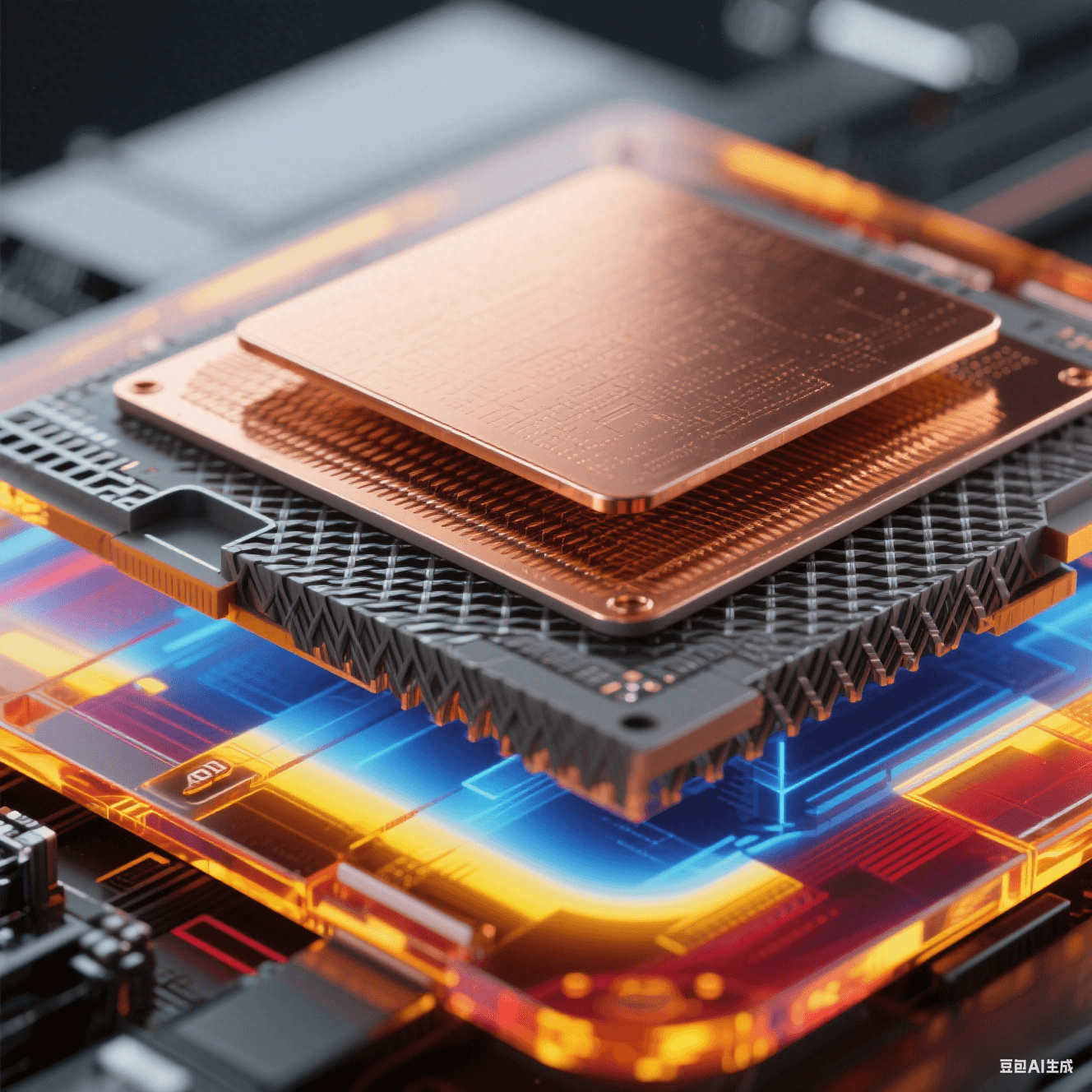 爆炸式解構(gòu)視圖展示材料創(chuàng)新，中心 ALD 超薄銅膜（<50nm）呈分子級紋理，中層 BT 樹脂顯玻璃纖維結(jié)構(gòu)，外層 LCP 材料帶透明琥珀光澤，邊緣有藍(lán)紅黃紅外熱成像色斑