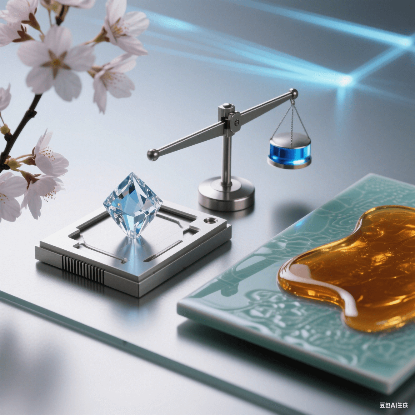 櫻花映襯下，鉆石晶體放金屬臺，中央天平偏向右端藍光砝碼，琥珀流體漫過青瓷托盤，科技背景暗喻價值的多維權衡