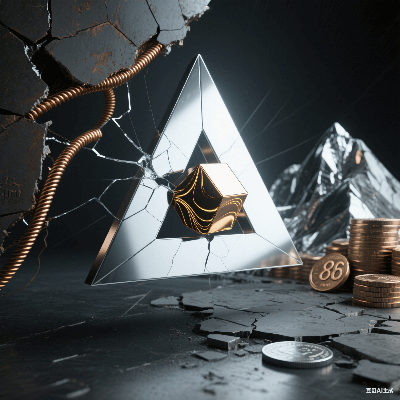 暗調背景下，破碎的銀色金屬三角內嵌金色紋理立方體，銅色螺旋線與刻‘86’的硬幣環繞，呈現工業破碎與奢華的沖突感