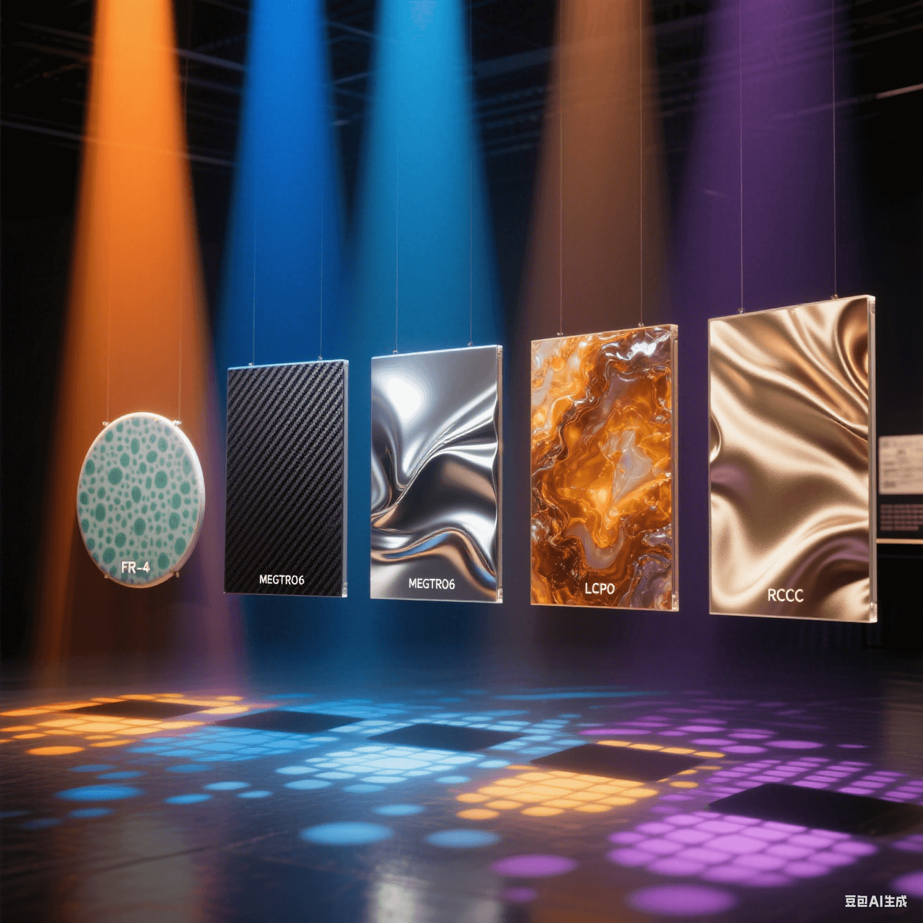 斑駁青瓷紋/碳纖紋/液態(tài)金屬/琥珀瑪瑙紋/絲綢褶皺肌理,被橙藍金銀紫光束穿透,地面投影各異光斑形態(tài) 斑駁青瓷紋/碳纖紋/液態(tài)金屬/琥珀瑪瑙紋/絲綢褶皺肌理,被橙藍金銀紫光束穿透,地面投影各異光斑形態(tài)