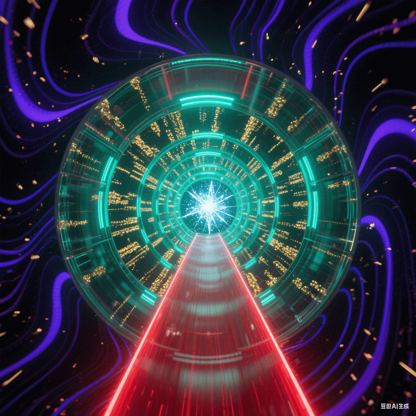 透明隧道壁嵌自旋金粒子陣列,外部紫黑波紋撞擊濺射靛藍漣漪,中央猩紅光束直線疾馳,壁面折射無限延伸的熒光綠遞歸結(jié)構(gòu) 透明隧道壁嵌自旋金粒子陣列,外部紫黑波紋撞擊濺射靛藍漣漪,中央猩紅光束直線疾馳,壁面折射無限延伸的熒光綠遞歸結(jié)構(gòu)