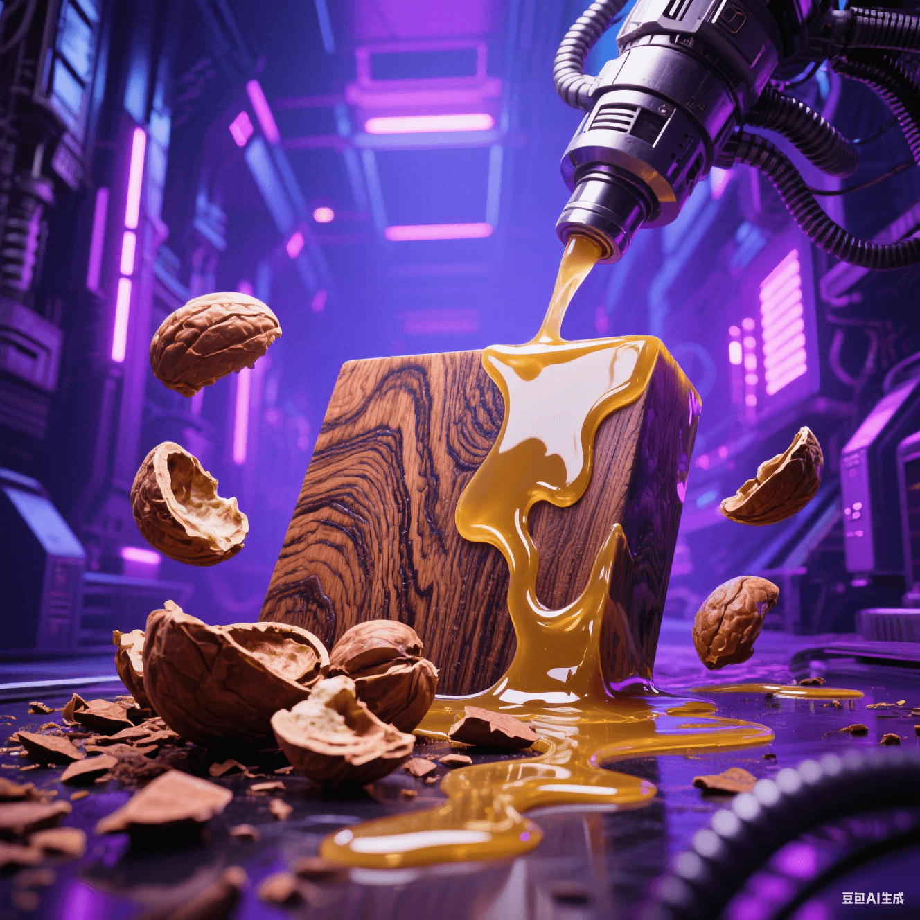 生物基樹脂合成:腰果殼原料(棕褐色有機碎片)融入金色液態(tài)樹脂,木紋肌理與環(huán)氧流光交融 生物基樹脂合成:腰果殼原料(棕褐色有機碎片)融入金色液態(tài)樹脂,木紋肌理與環(huán)氧流光交融