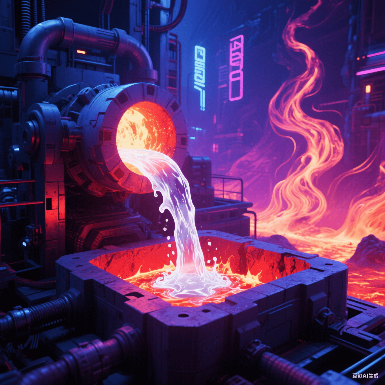 玻璃纖維熔爐:1400℃熾白巖漿狀玻液流入暗紅模具,背景扭曲熱浪 玻璃纖維熔爐:1400℃熾白巖漿狀玻液流入暗紅模具,背景扭曲熱浪