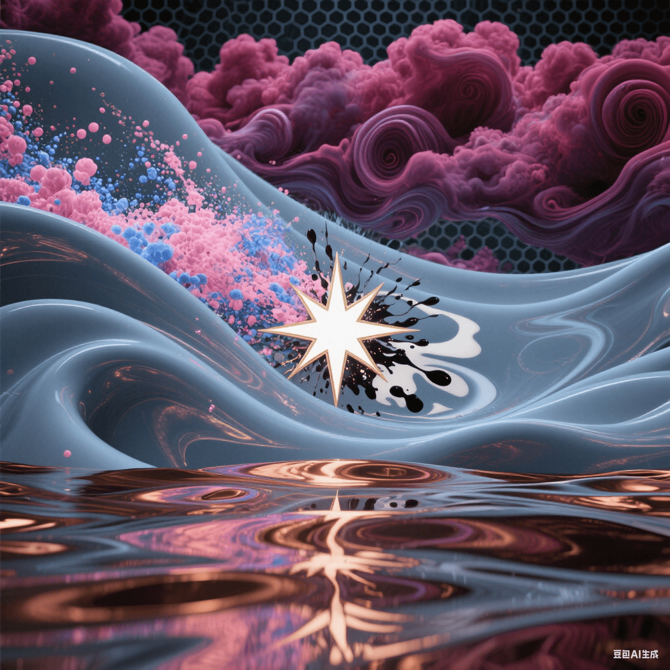 多層青灰介質(zhì)邊界涌出紫紅渦旋云,櫻色與鈷藍粒子流碰撞炸裂白金星芒,干擾波紋如墨染牛奶,底部銅箔倒影扭曲變形 多層青灰介質(zhì)邊界涌出紫紅渦旋云,櫻色與鈷藍粒子流碰撞炸裂白金星芒,干擾波紋如墨染牛奶,底部銅箔倒影扭曲變形