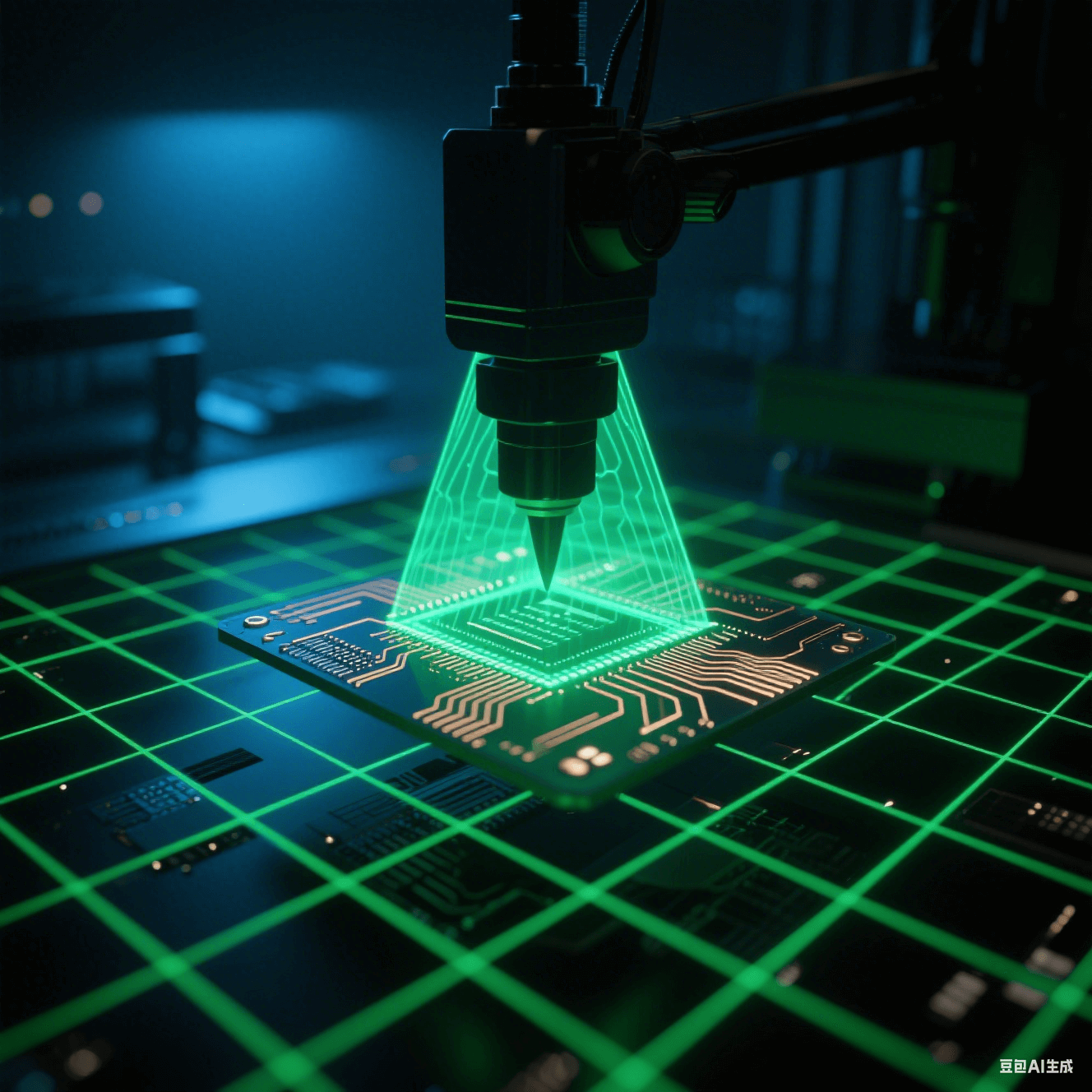 綠色激光網格掃描過懸浮的基板,在銅線路上折射出細密光網。X射線穿透基板形成內部結構的翡翠色透視光影,檢測探頭投射銳利三角陰影,背景彌漫電子藍霧光。 綠色激光網格掃描過懸浮的基板,在銅線路上折射出細密光網。X射線穿透基板形成內部結構的翡翠色透視光影,檢測探頭投射銳利三角陰影,背景彌漫電子藍霧光。