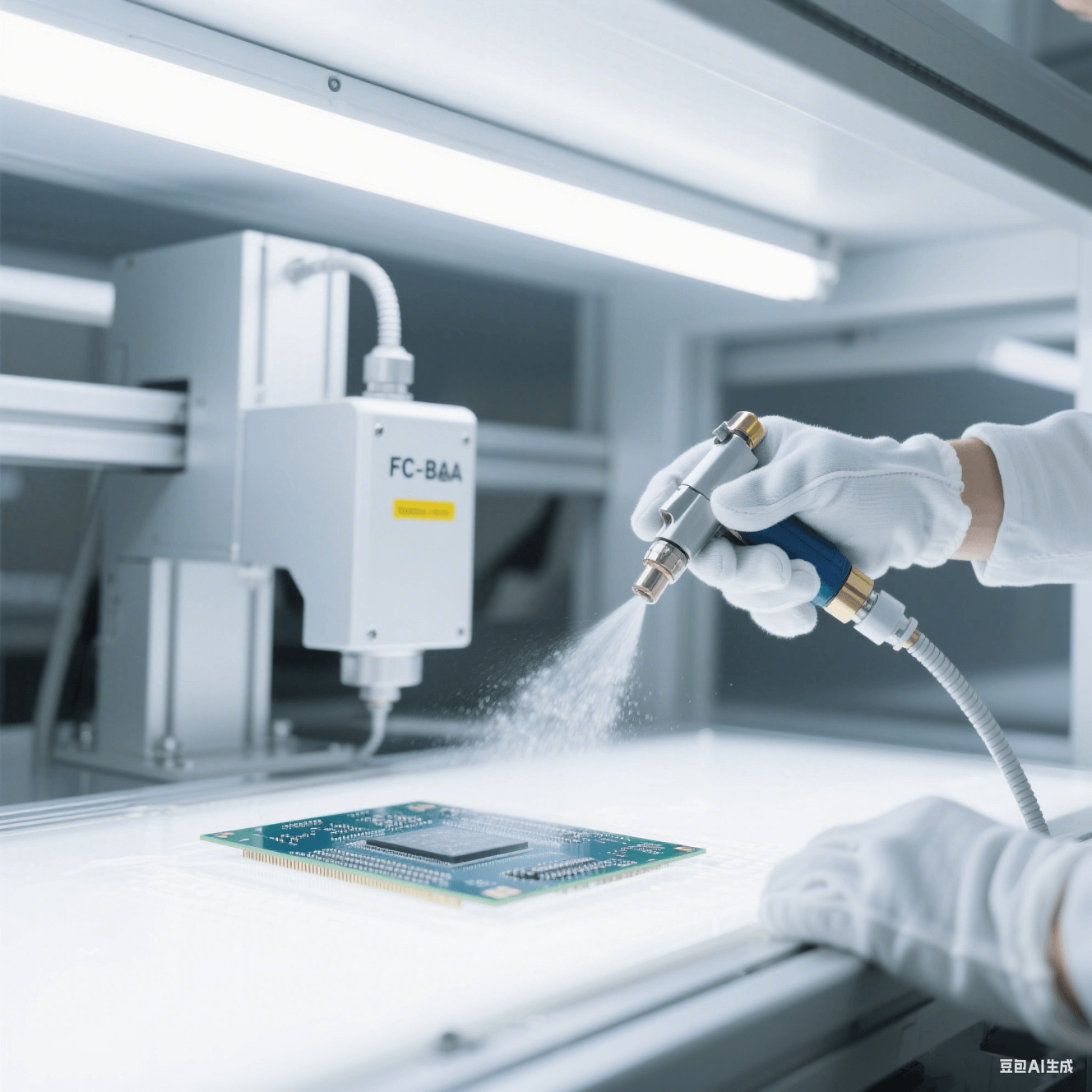 納米級清潔處理中的 FC-BGA 基板:基板置于超凈工作臺,清潔設備噴頭噴出細小液霧,工作人員戴專業手套操作,場景在白色潔凈燈光下,凸顯精細專業的清潔氛圍。 納米級清潔處理中的 FC-BGA 基板:基板置于超凈工作臺,清潔設備噴頭噴出細小液霧,工作人員戴專業手套操作,場景在白色潔凈燈光下,凸顯精細專業的清潔氛圍。