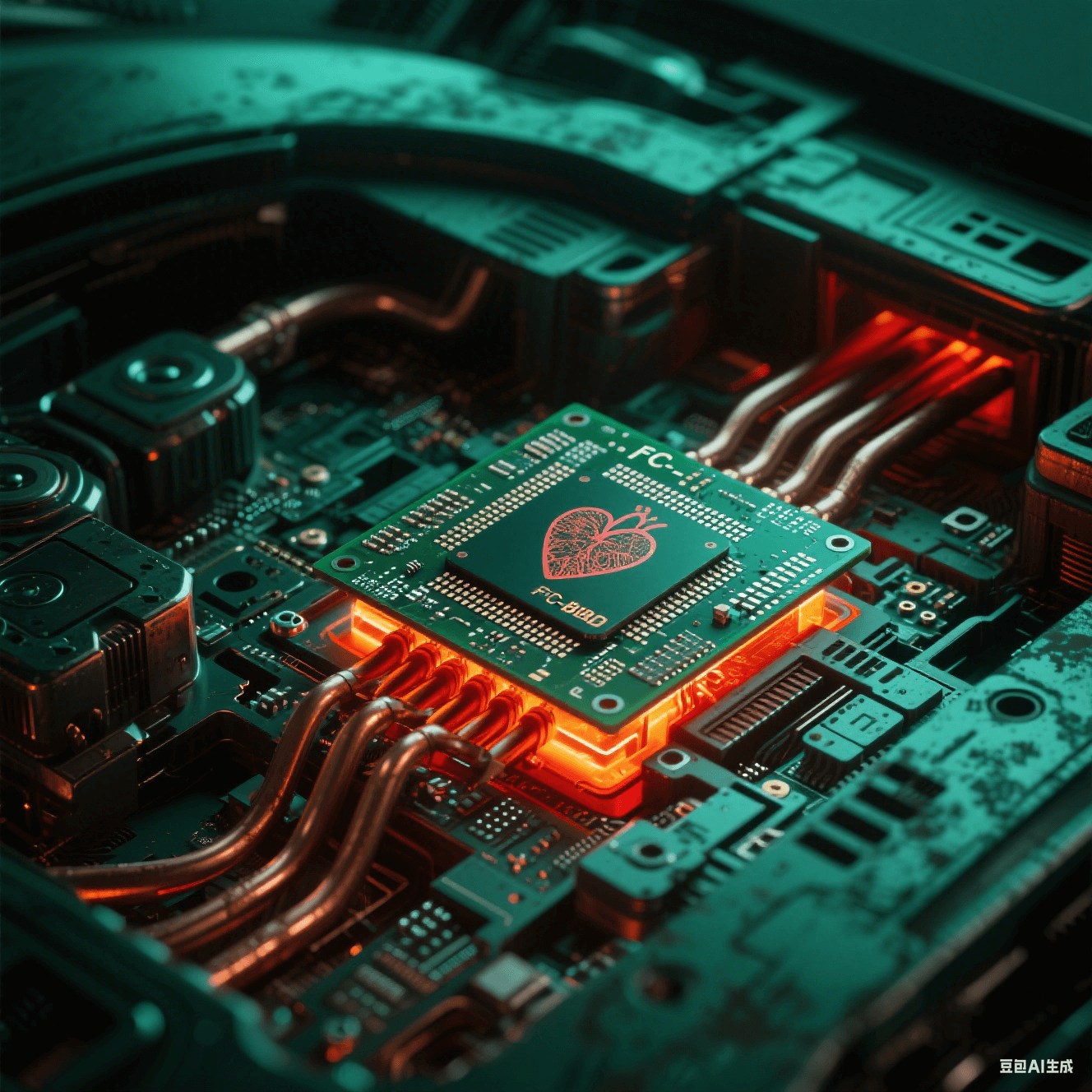智能汽車電子艙透視視角，F(xiàn)C-BGA基板如心臟跳動，散熱銅管泛紅橙光暈
