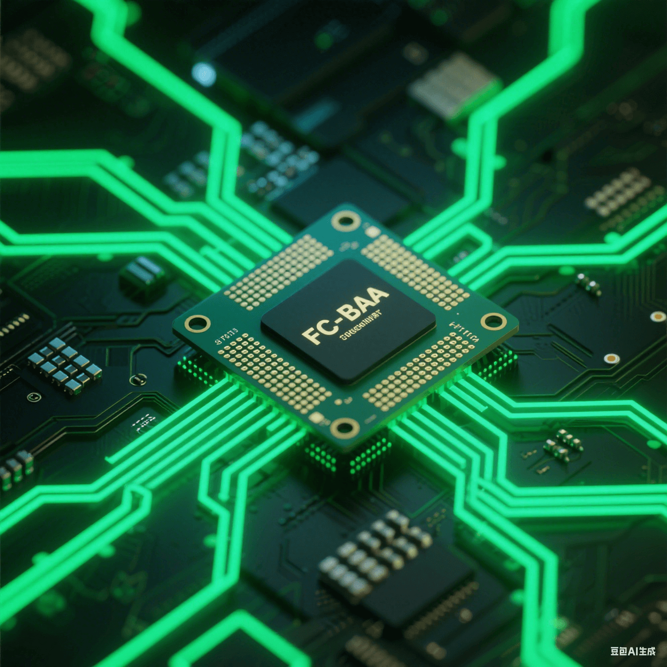 FC-BGA 基板與新型電路板集成特寫:兩者緊密連接,線路交錯有序,新型電路板外觀獨特,在綠色科技光線下,展現集成的創新性與科技感。 FC-BGA 基板與新型電路板集成特寫:兩者緊密連接,線路交錯有序,新型電路板外觀獨特,在綠色科技光線下,展現集成的創新性與科技感。