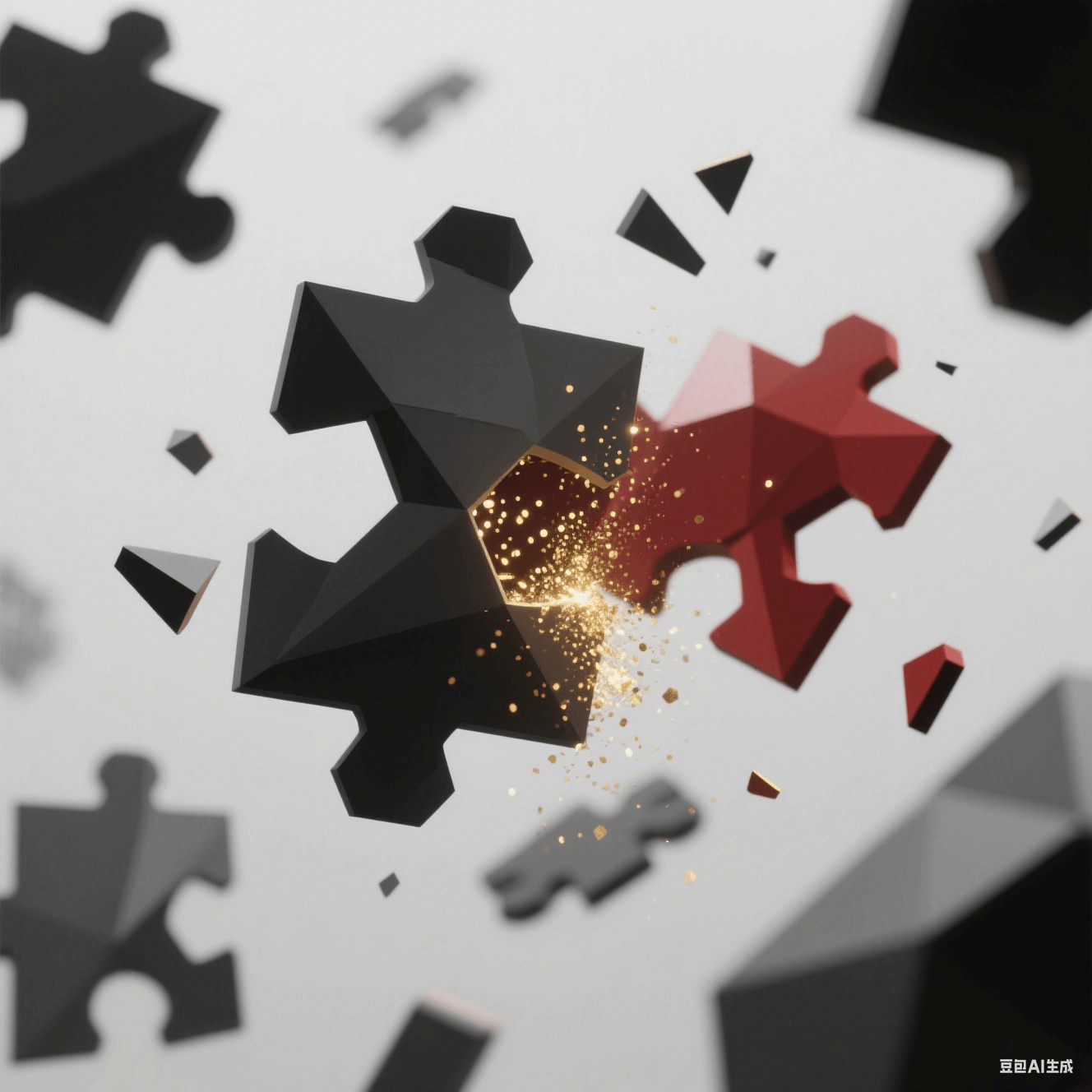 拼圖碎片懸浮空中，日系灰黑拼塊與中式朱紅拼塊碰撞，迸發(fā)金色粒子
