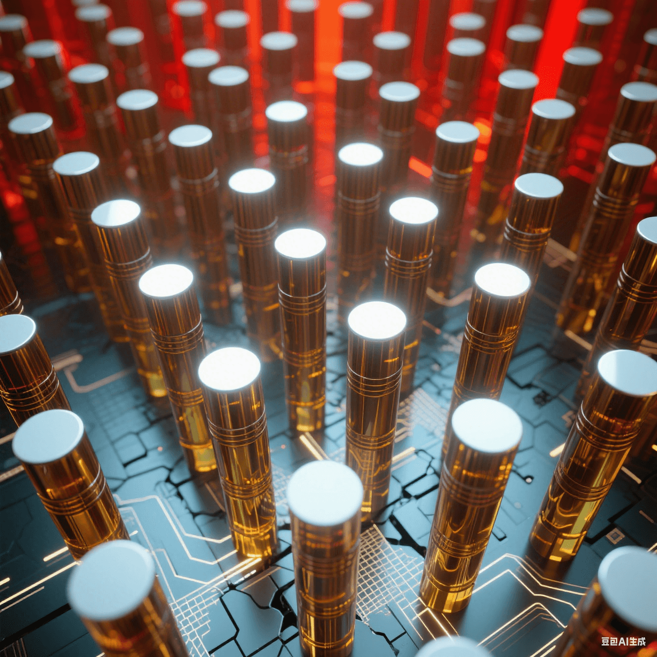 數百根青銅色圓柱從透明琥珀基材中破壁而出,柱頂平面反射環境光形成白色高光點。柱體側壁有精密車削紋理,背景虛化為熾紅色熱成像色塊,底部隱約透出網狀電路熒光。 數百根青銅色圓柱從透明琥珀基材中破壁而出,柱頂平面反射環境光形成白色高光點。柱體側壁有精密車削紋理,背景虛化為熾紅色熱成像色塊,底部隱約透出網狀電路熒光。