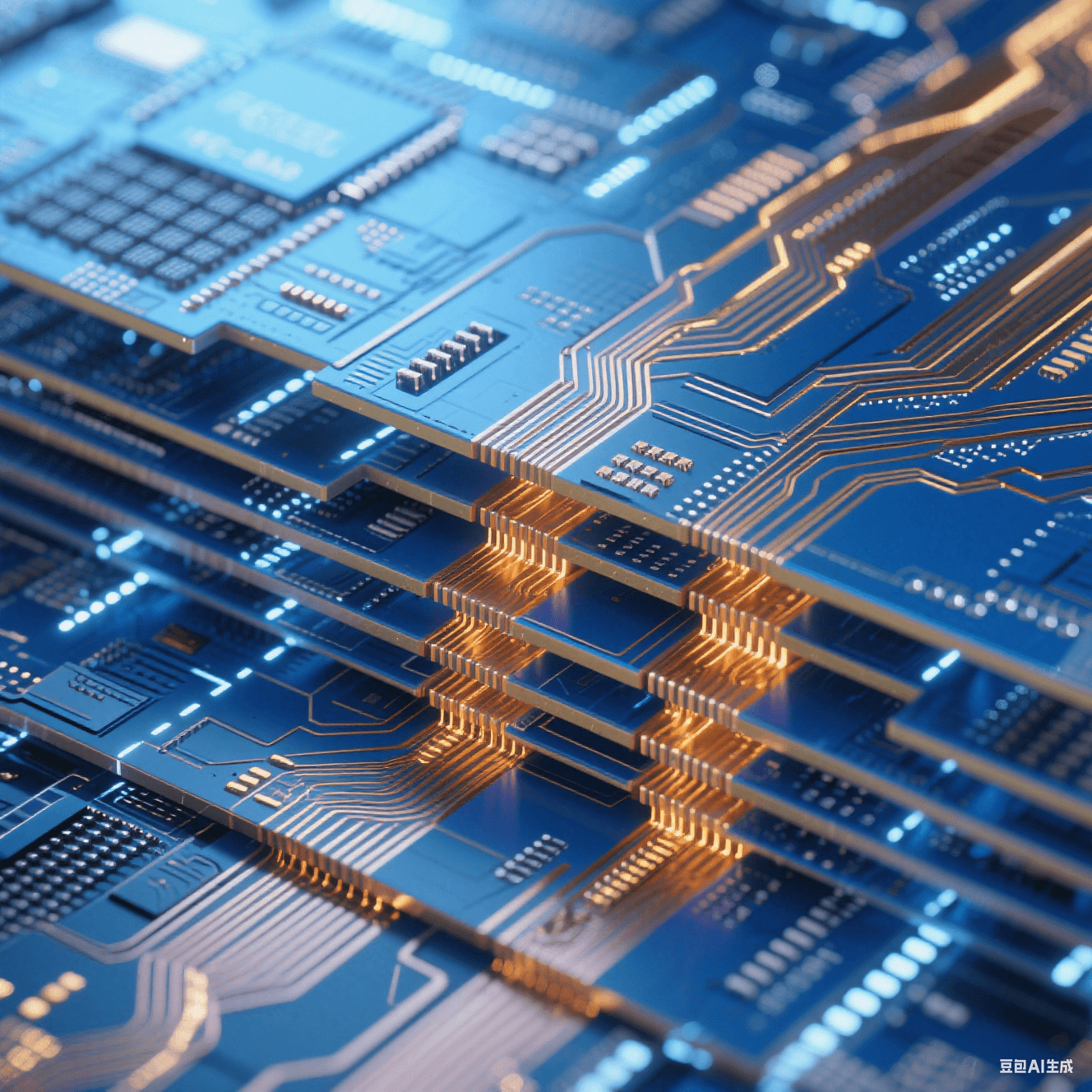 FC-BGA基板拋光剖面放大圖,呈現數十層藍金色交替的平行線路。絕緣層如深海藍寶石,銅線路如熔金河流,微孔通道貫穿層間形成垂直光柱。整體散發科幻感冷白光,邊緣有精密切割反光。 FC-BGA基板拋光剖面放大圖,呈現數十層藍金色交替的平行線路。絕緣層如深海藍寶石,銅線路如熔金河流,微孔通道貫穿層間形成垂直光柱。整體散發科幻感冷白光,邊緣有精密切割反光。