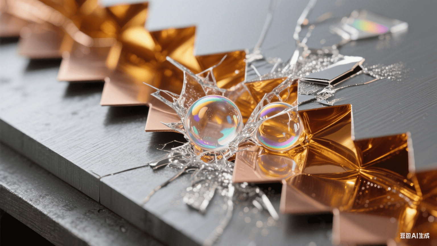 微距俯視：鋸齒狀銅箔縫隙中金色樹脂擠壓氣泡爆裂，碎片化納米銀霧，殘腔邊緣形成虹彩浸潤環，熱壓板投射幾何陰影
