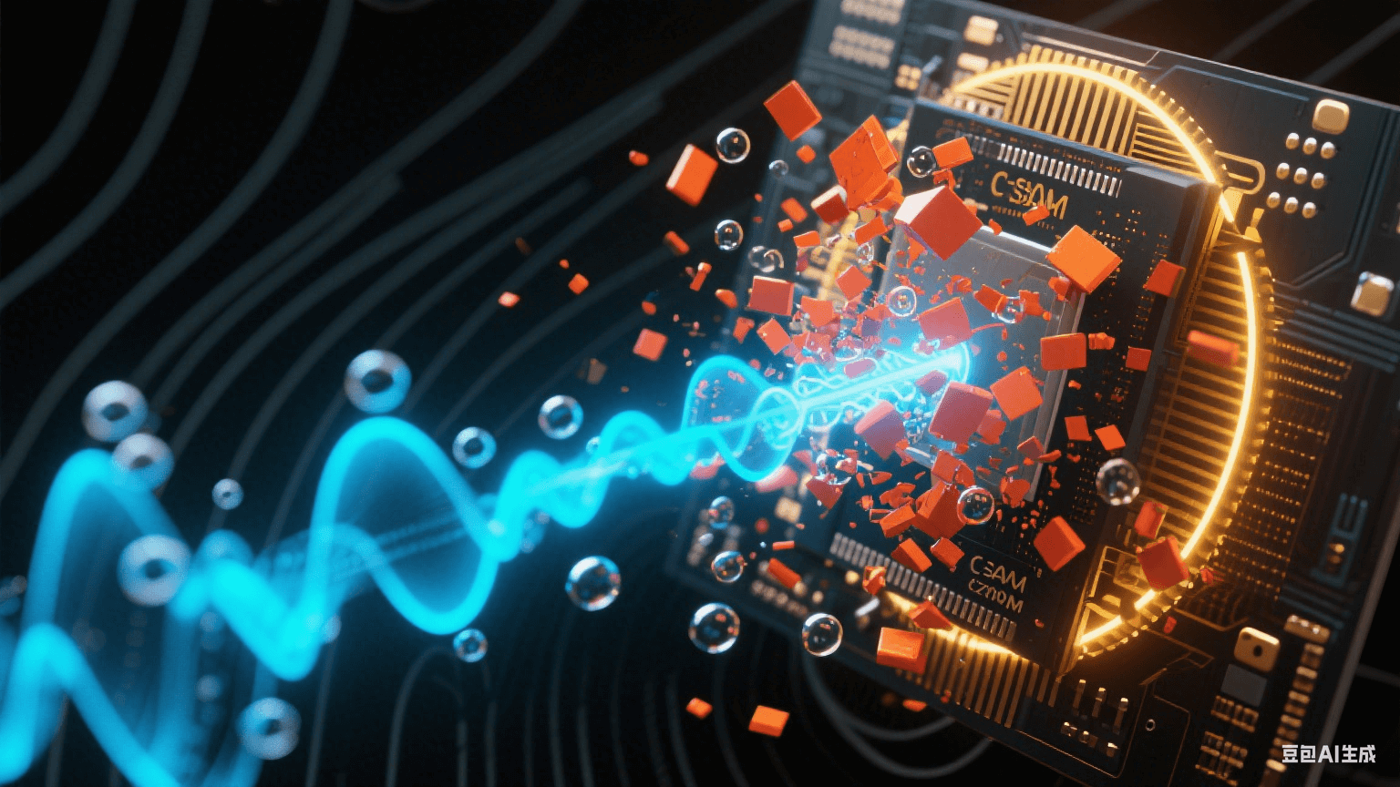 抽象聲波場：藍色超聲波束穿透PCB層壓結構，橙紅氣泡群碎裂成微粒后被金色共振環溶解，黑色基材表面浮現聲波干涉紋