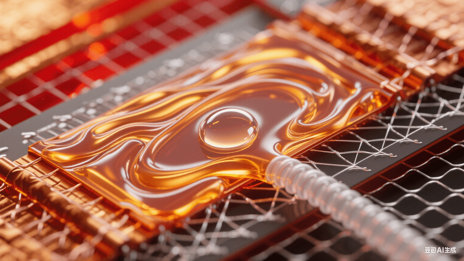顯微穿透鏡頭：熔融琥珀樹脂層中氣泡被真空力拉伸成淚滴形態，尾部銀白氣流螺旋逃逸，高溫銅箔泛紅金光暈，玻璃纖維網格間可見氣體逸出路徑