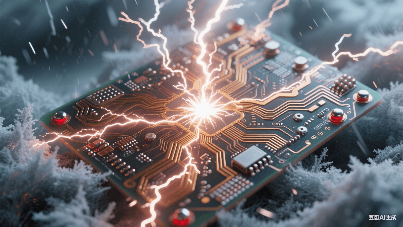 冰風暴中的除顫器電路：樹狀金色電弧貫穿覆霜基板，星爆白光點亮冗余切換點，液態納米焊珠在-40℃環境中流動，紅色應急微光穿透玻璃纖維織構