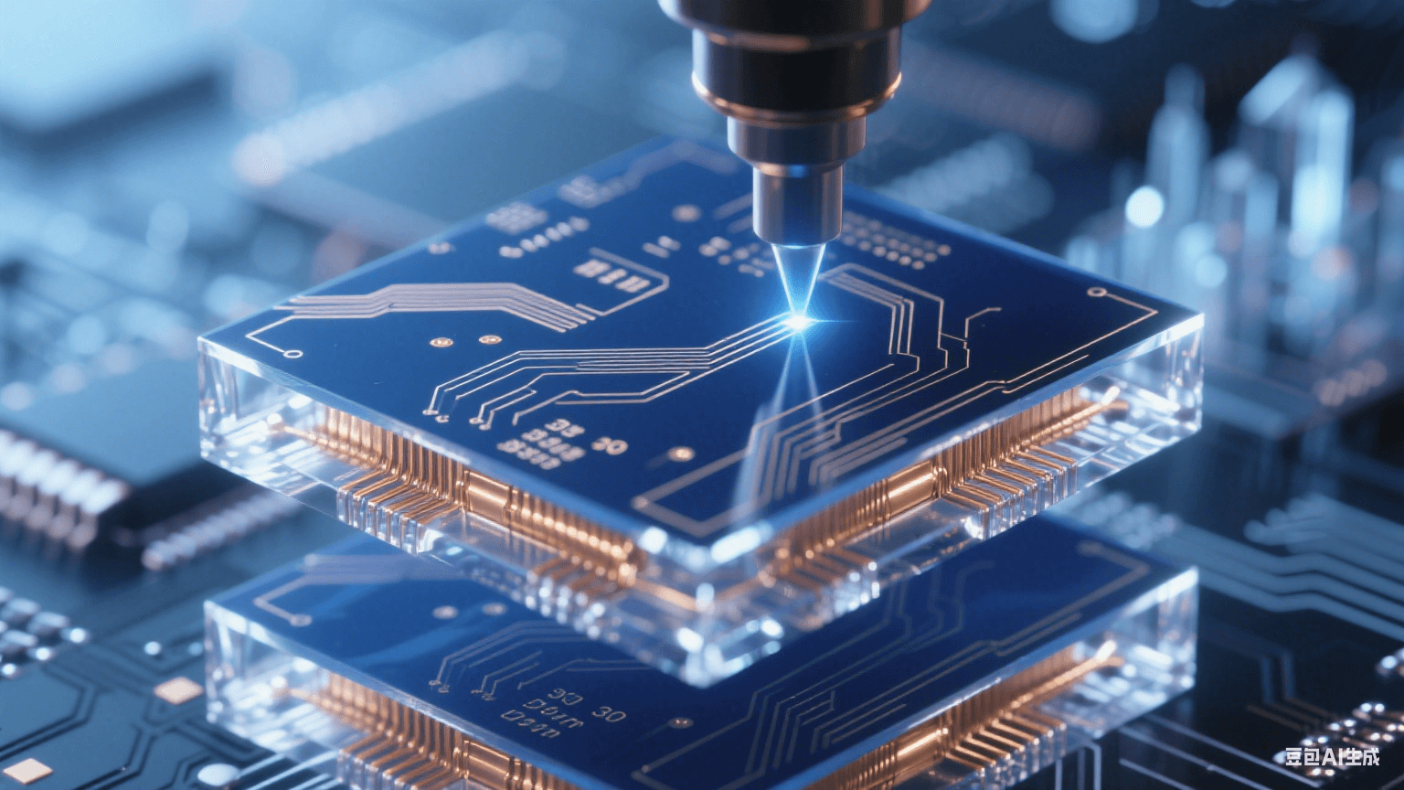 紫外激光束在深藍感光層繪制30μm線寬精密電路,鎏金銅線側壁呈85°陡直切面,邊緣反射冷白光,背景中多層電路板如水晶城懸浮 紫外激光束在深藍感光層繪制30μm線寬精密電路,鎏金銅線側壁呈85°陡直切面,邊緣反射冷白光,背景中多層電路板如水晶城懸浮