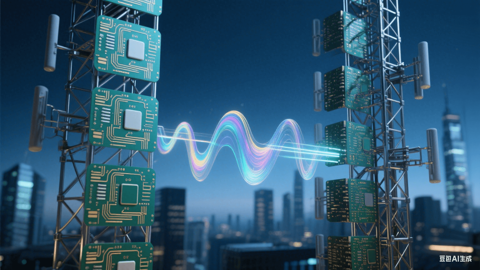 未來主義蜂窩基站，深藍暮光中金屬網格結構散發冷光，多層電路板含翡翠綠與鎏金走線，半透明高頻材質折射虹彩，電磁波脈沖懸浮，搭配光纖質感與陶瓷基板紋理，背景為虛化城市輪廓