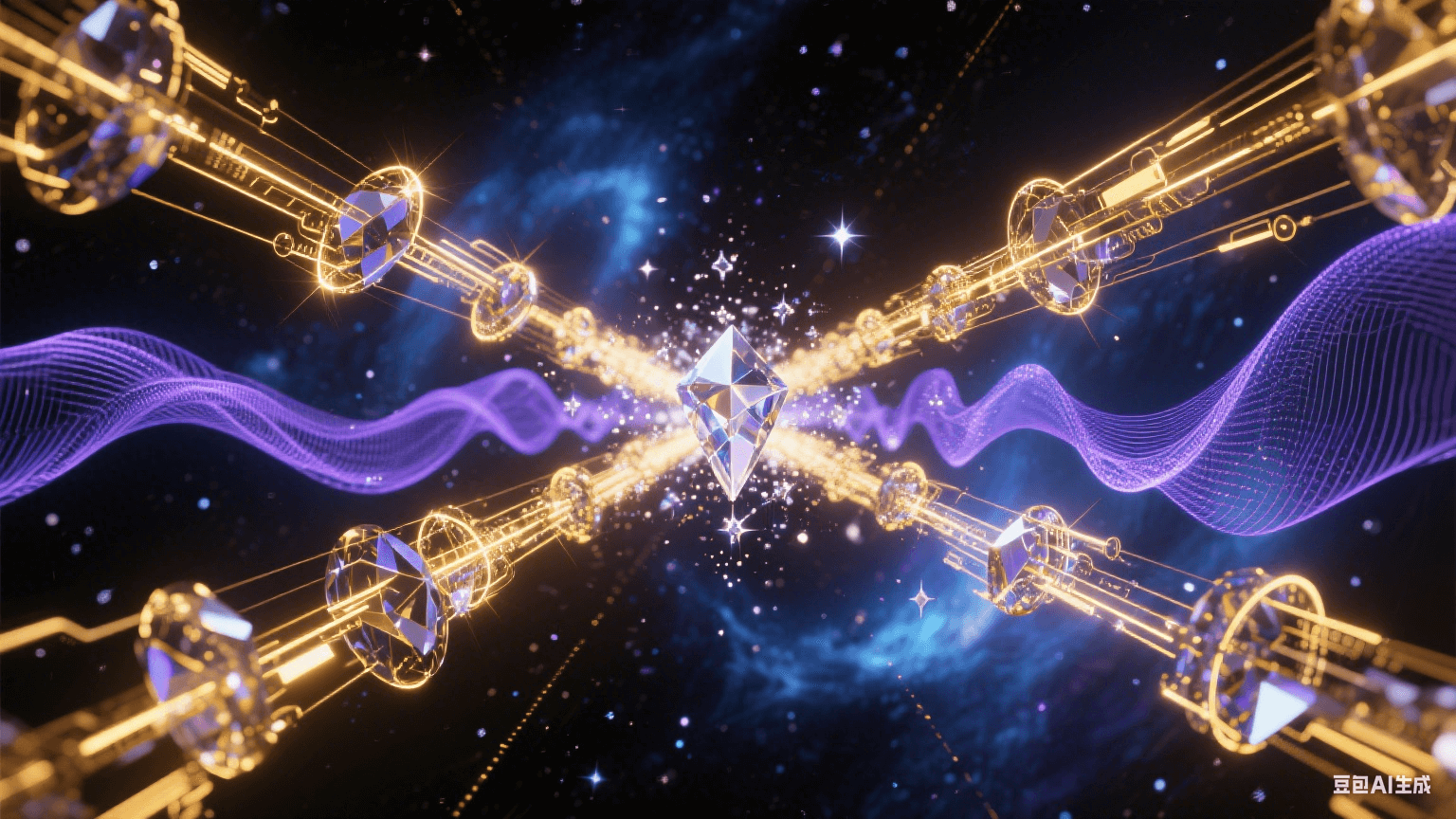 相位穩定抽象科技藝術：水晶狀信號波束在暗宇宙精準同步，黃金色電磁軌道平行延伸，藍紫色相位波紋穩定擴散，背景為量子藍與暗物質黑漸變星云，光束交匯處有鉆石星塵特效