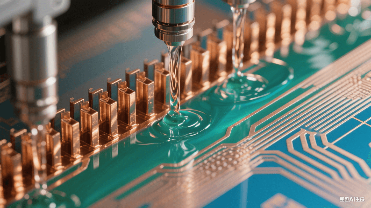 弱堿性蝕刻液流經銅箔形成藍綠漸變流體場,微噴淋系統雕刻鏡面般金屬紋理(Ra≤0.1μm),顯微視角展現無鼠咬缺陷的熔金質線路輪廓 弱堿性蝕刻液流經銅箔形成藍綠漸變流體場,微噴淋系統雕刻鏡面般金屬紋理(Ra≤0.1μm),顯微視角展現無鼠咬缺陷的熔金質線路輪廓