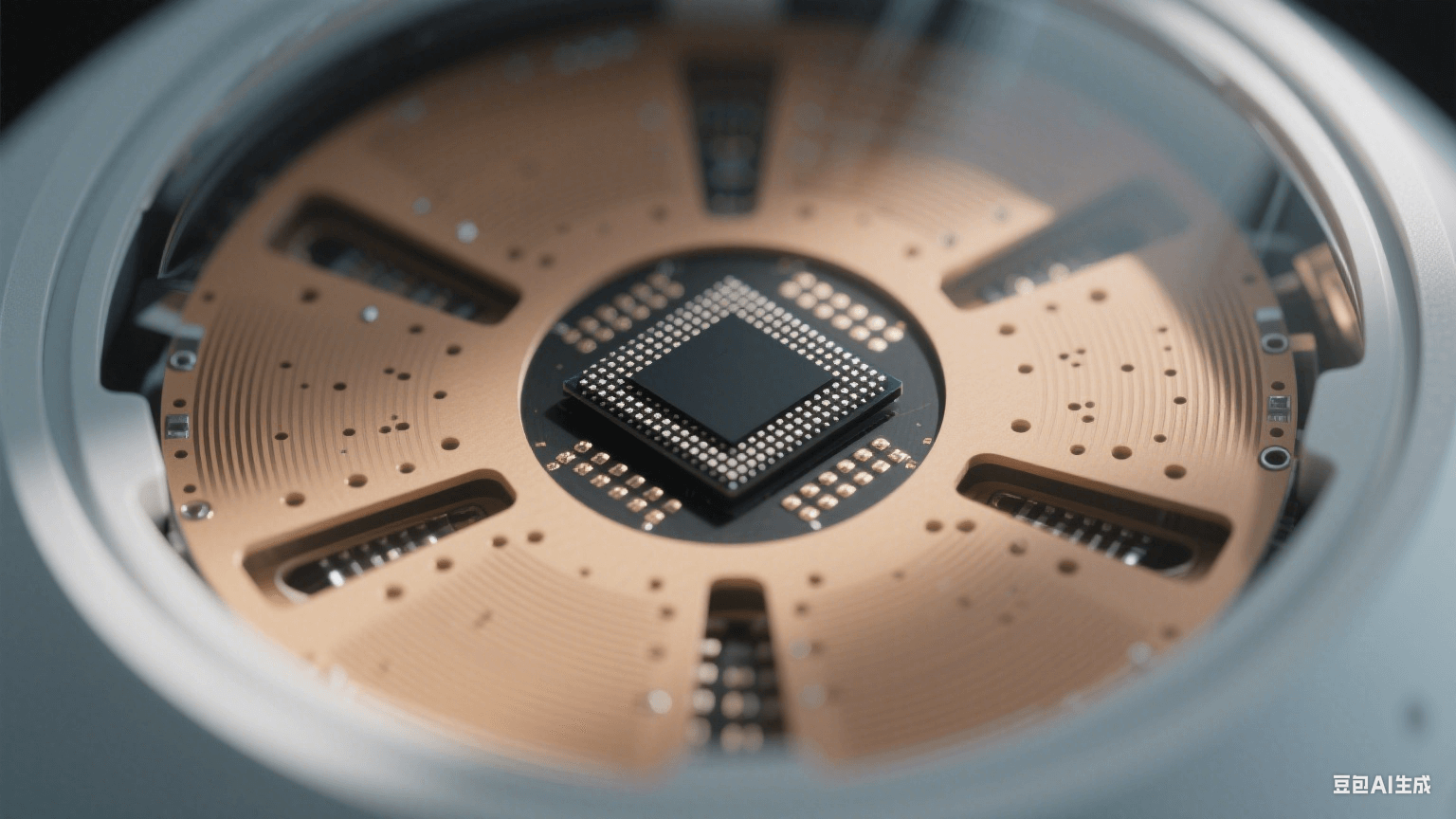 自動(dòng)駕駛雷達(dá)內(nèi)部結(jié)構(gòu)：圓形主板中央有黑色芯片，周圍是淺棕色介質(zhì)波導(dǎo)（金屬過(guò)孔點(diǎn)陣如網(wǎng)格）