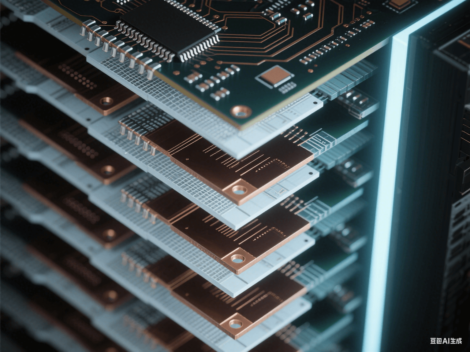 工業(yè)控制設(shè)備多層 PCB 垂直截面,8 層深淺交替結(jié)構(gòu),帶傾斜金屬化通孔,冷光下顯工業(yè)科技氛圍 工業(yè)控制設(shè)備多層 PCB 垂直截面,8 層深淺交替結(jié)構(gòu),帶傾斜金屬化通孔,冷光下顯工業(yè)科技氛圍