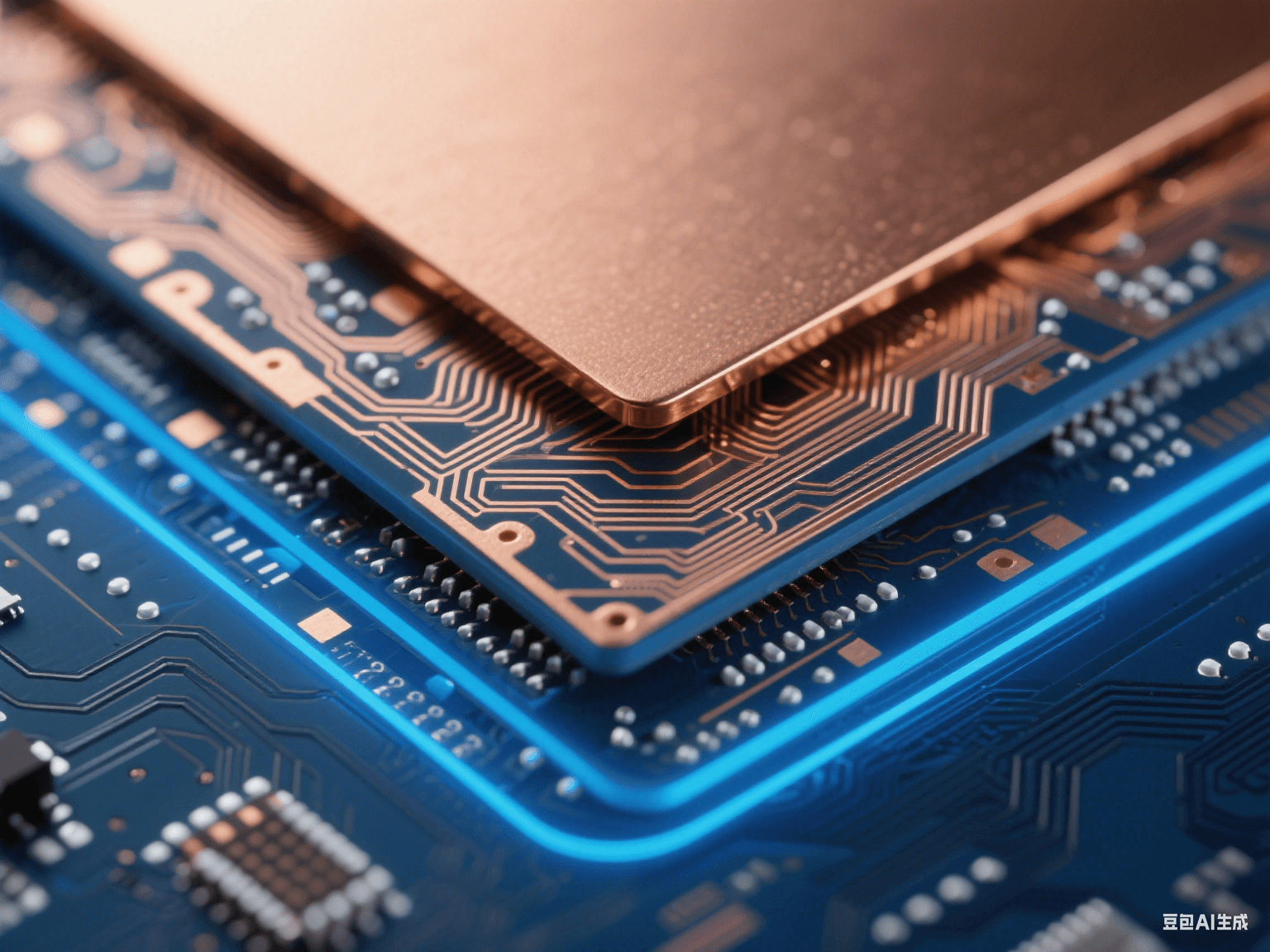 高速電路 PCB 信號(hào)層與電源層疊合,銅層帶細(xì)密走線,藍(lán)色背光下邊緣發(fā)光,顯層間結(jié)構(gòu) 高速電路 PCB 信號(hào)層與電源層疊合,銅層帶細(xì)密走線,藍(lán)色背光下邊緣發(fā)光,顯層間結(jié)構(gòu)