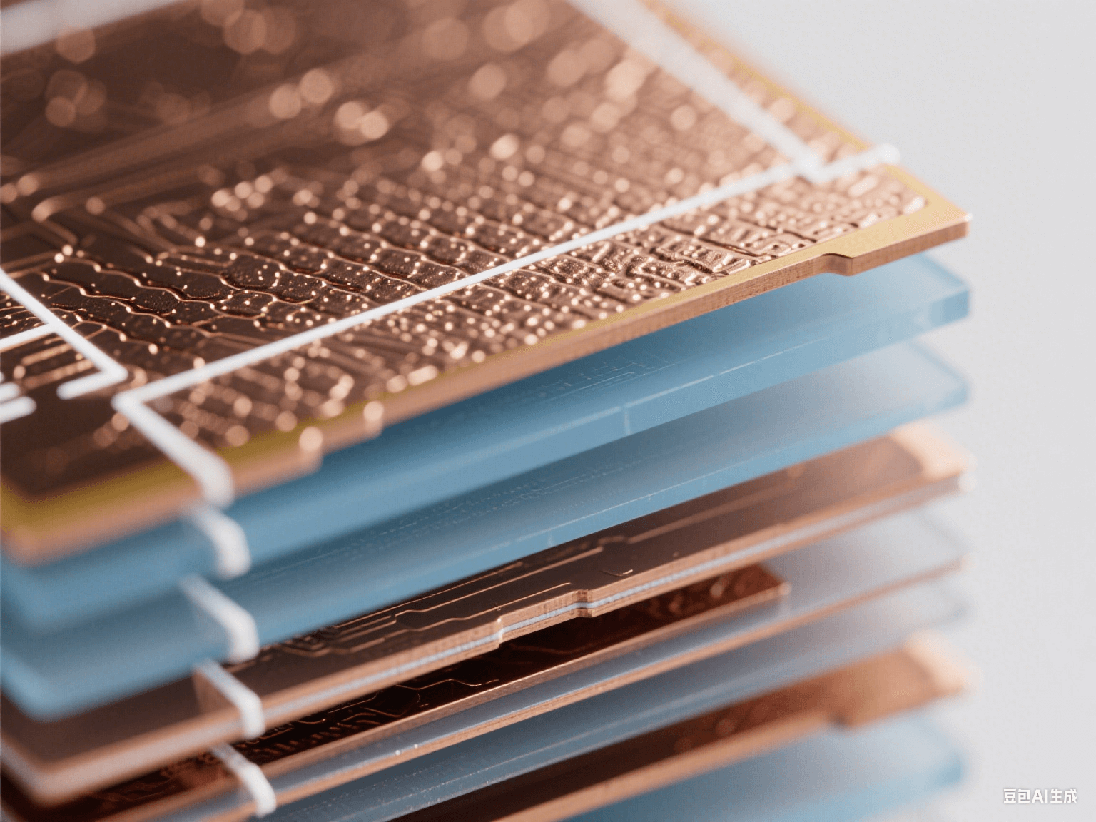 顯微鏡下 PCB 疊層細(xì)節(jié),銅箔帶納米紋理,淡藍(lán)色半透明介質(zhì)層,頂光下顯微觀精密結(jié)構(gòu) 顯微鏡下 PCB 疊層細(xì)節(jié),銅箔帶納米紋理,淡藍(lán)色半透明介質(zhì)層,頂光下顯微觀精密結(jié)構(gòu)