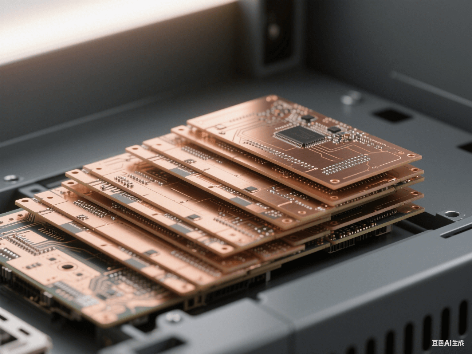 服務(wù)器機(jī)箱內(nèi) PCB 組件,多層水平排列,銅質(zhì)接地層側(cè)光反射,淺棕色介質(zhì)層顯層壓痕跡 服務(wù)器機(jī)箱內(nèi) PCB 組件,多層水平排列,銅質(zhì)接地層側(cè)光反射,淺棕色介質(zhì)層顯層壓痕跡