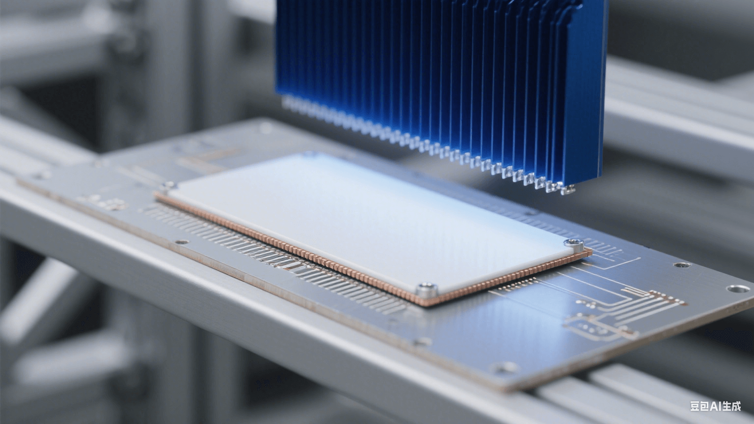 銀灰色鋁基板水平放置，表面覆白色陶瓷層，邊緣露出 0.5mm 銅箔線路；上方 3cm 懸深藍色散熱片，間有銀色導(dǎo)熱膏，頂部冷藍光形成銳利邊緣陰影