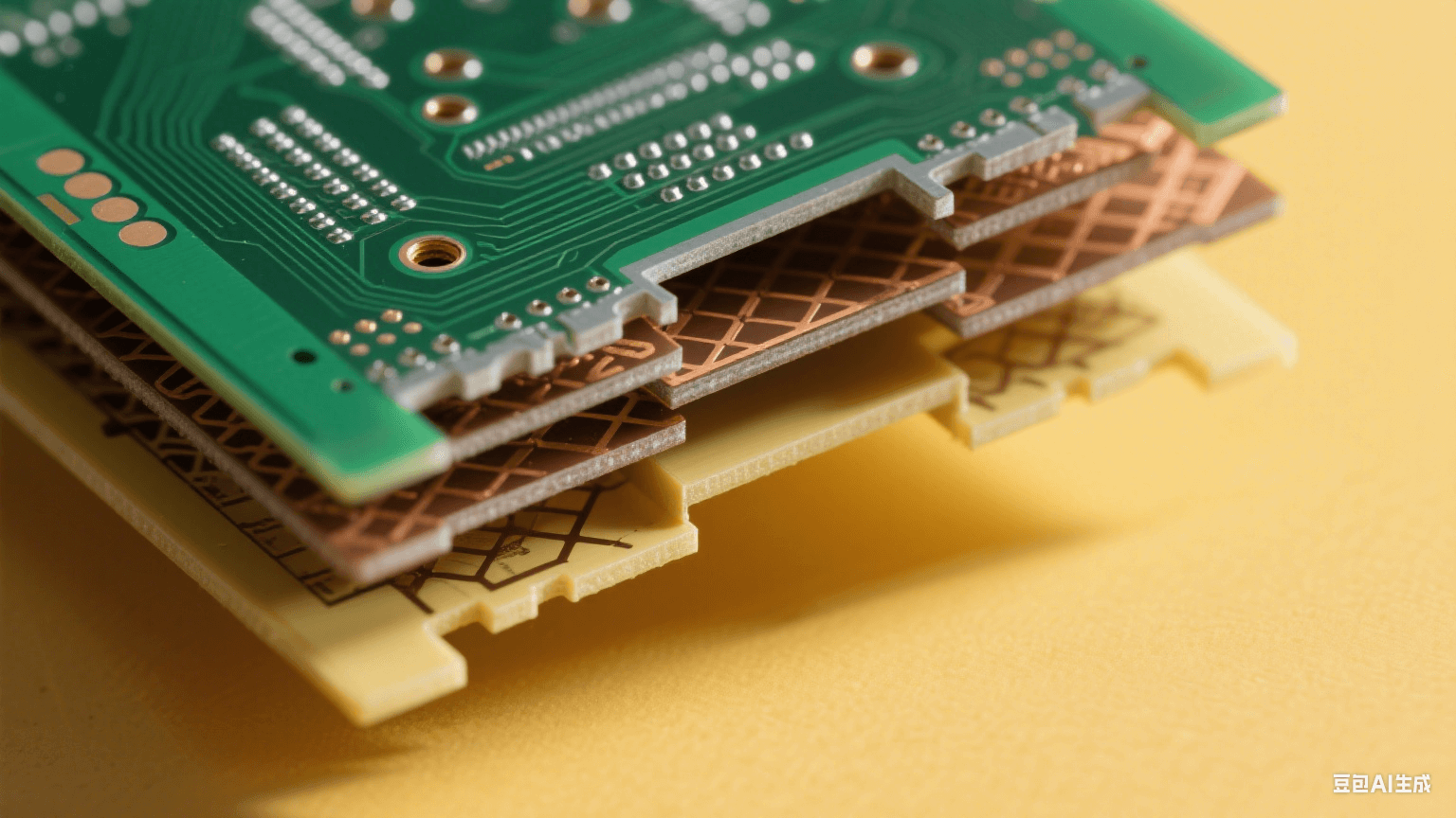45° 傾斜多層 PCB，頂層深綠基板有 0.1mm 微孔（銀灰色金屬孔壁），中間層棕色半固化片埋孔與交錯銅箔網(wǎng)格，底層淺黃 FR-4 形成色彩對比，左側(cè)暖黃側(cè)光在層間投細長陰影