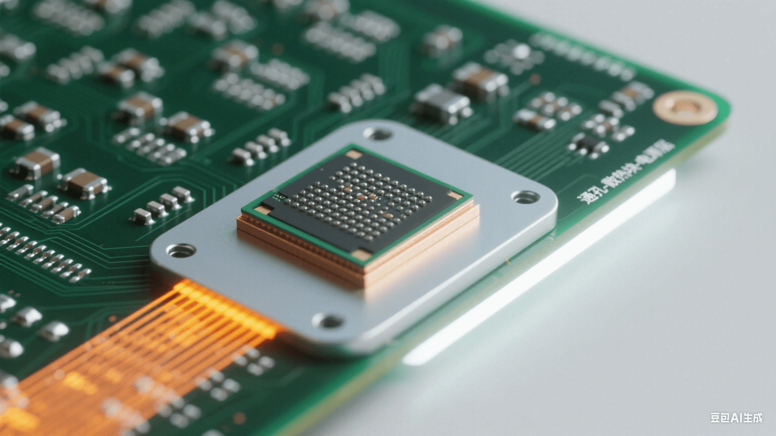 散熱設計細節：雷達板芯片區域特寫，深綠基板上有銀灰色散熱通孔陣列（孔內填金屬），芯片下淺灰散熱塊與銀白銅質電源層相連，橙黃色熱流光效從芯片沿路徑擴散，冷白光右側照射形成高光