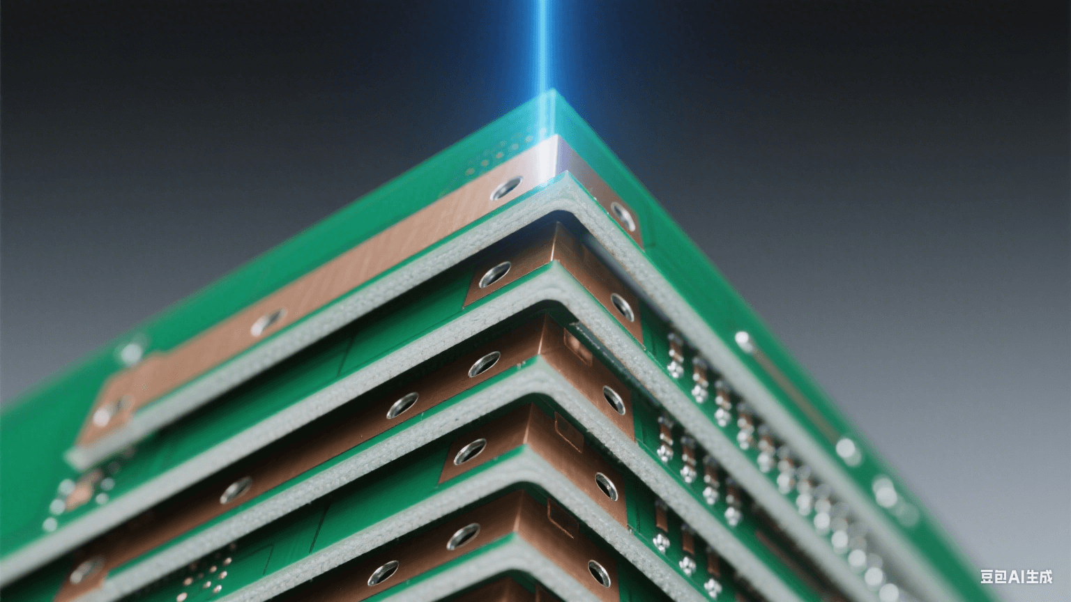 多層 HDI 結構剖面：45° 角展示 8 層堆疊，深綠基板與銀白銅箔交替，層間棕色半固化片填充埋孔 / 盲孔，0.05mm 激光微孔孔壁鍍銀均勻，冷藍光垂直照射凸顯層間精密對準（偏差＜5μm）