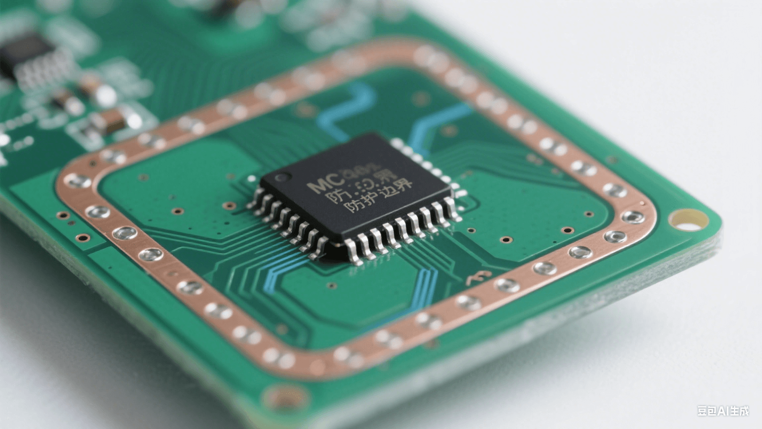 設計階段靜電防護:深綠色 PCB 邊緣有裸銅防護環與接地過孔,中央芯片引腳與銅皮間距大,短直銀線接地面泛淡藍光,冷白光照射顯精密 設計階段靜電防護:深綠色 PCB 邊緣有裸銅防護環與接地過孔,中央芯片引腳與銅皮間距大,短直銀線接地面泛淡藍光,冷白光照射顯精密