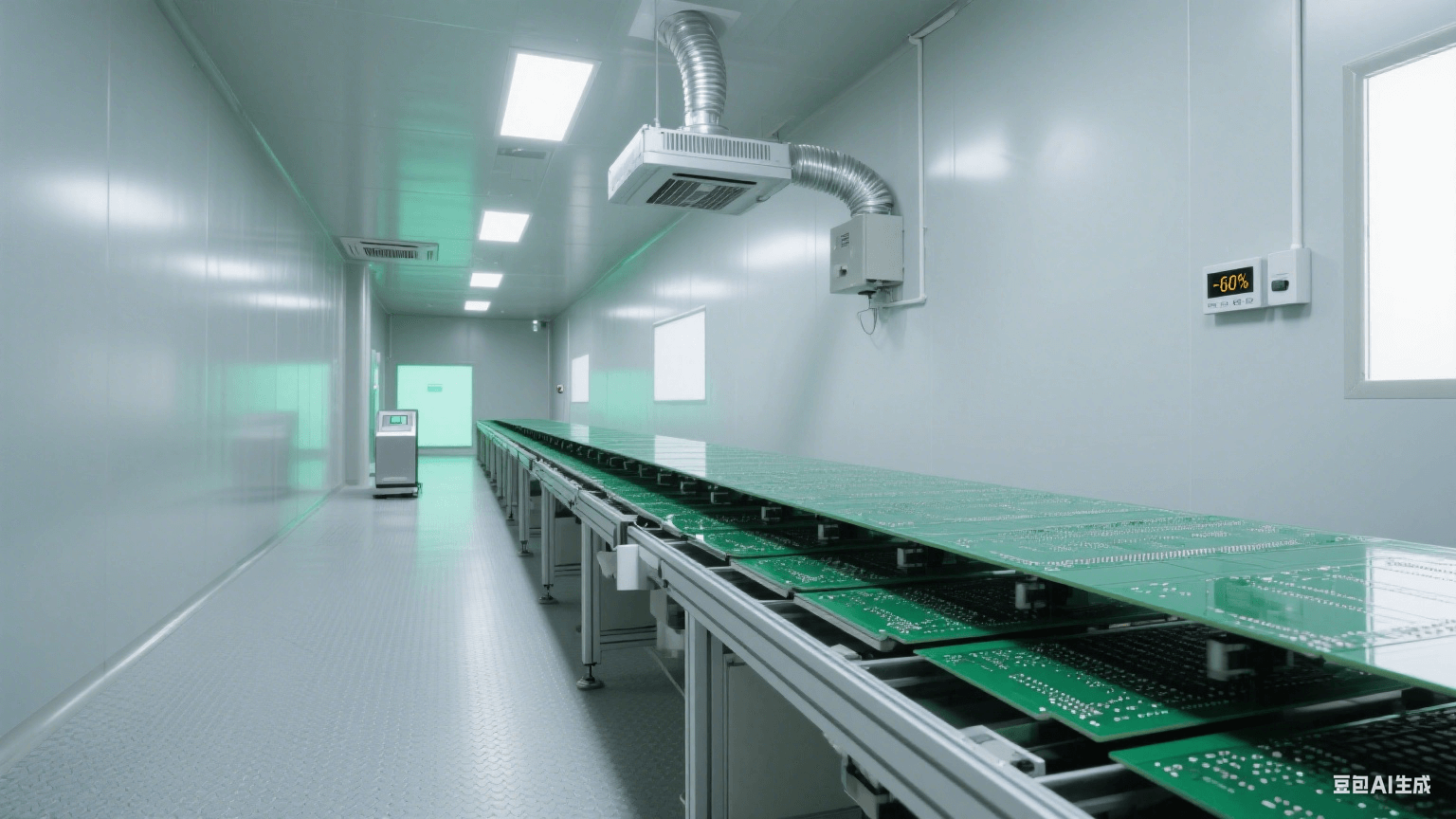 高濕度防靜電:深綠色 PCB 在流水線,頂部銀色除濕裝置吹氣,淺灰防靜電地板,遠處靜電場計泛綠光,冷灰側光顯干燥潔凈 高濕度防靜電:深綠色 PCB 在流水線,頂部銀色除濕裝置吹氣,淺灰防靜電地板,遠處靜電場計泛綠光,冷灰側光顯干燥潔凈