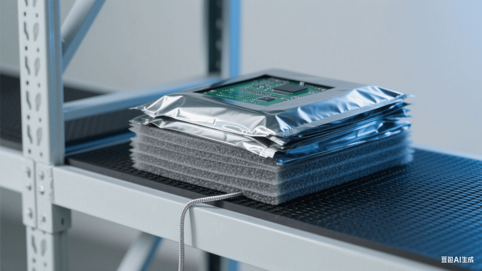 倉儲防靜電包裝:淺灰貨架鋪黑色橡膠墊(連銀色接地線),鍍鋁屏蔽袋包裹 PCB,層間夾灰色珍珠棉,冷藍光凸顯屏蔽防護 倉儲防靜電包裝:淺灰貨架鋪黑色橡膠墊(連銀色接地線),鍍鋁屏蔽袋包裹 PCB,層間夾灰色珍珠棉,冷藍光凸顯屏蔽防護