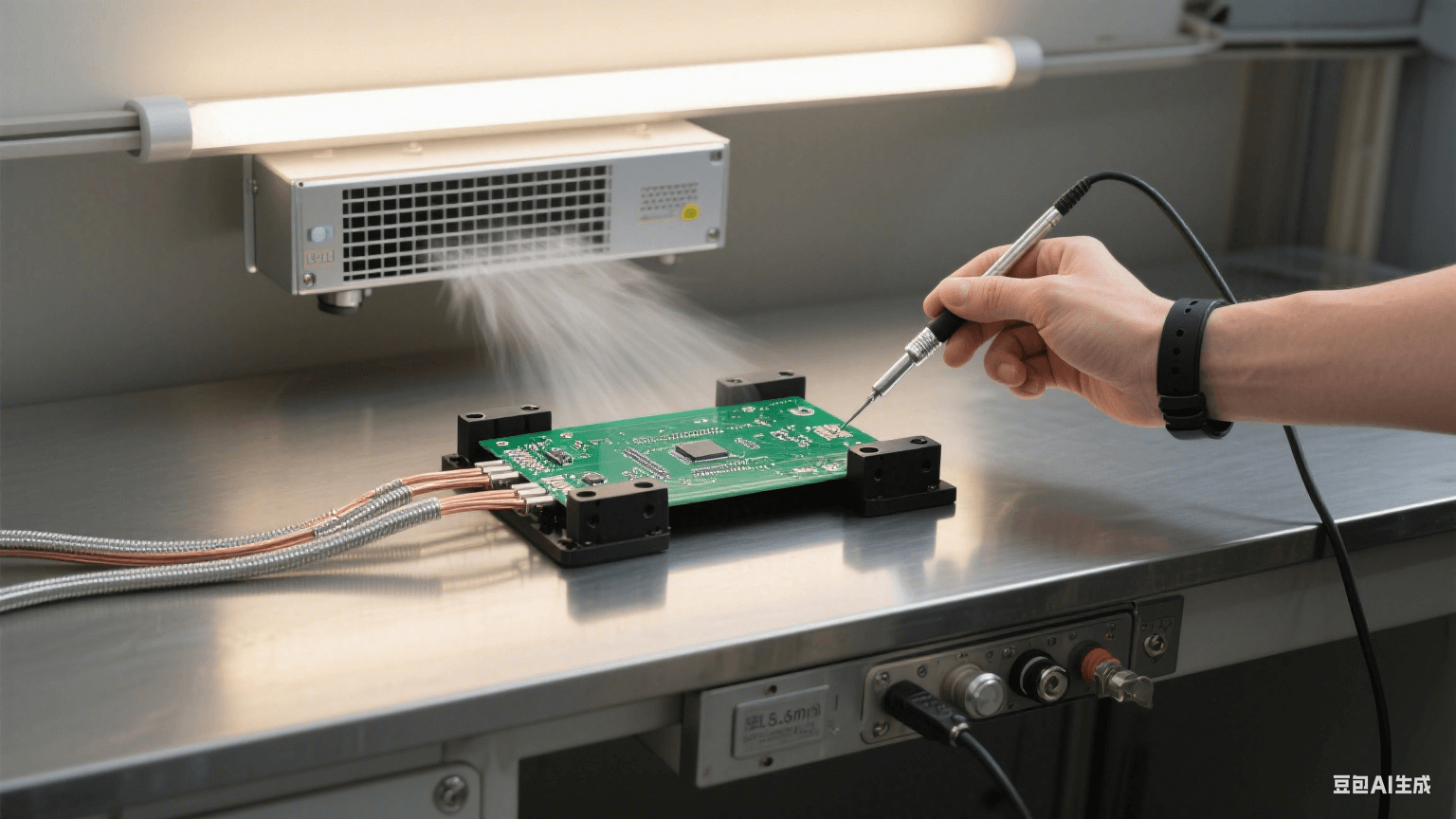 測試環節防護:銀灰色測試臺固定 PCB,黑色夾具連多股銅纜接地,上方離子風機吹氣,人員戴防靜電手環持探針 測試環節防護:銀灰色測試臺固定 PCB,黑色夾具連多股銅纜接地,上方離子風機吹氣,人員戴防靜電手環持探針