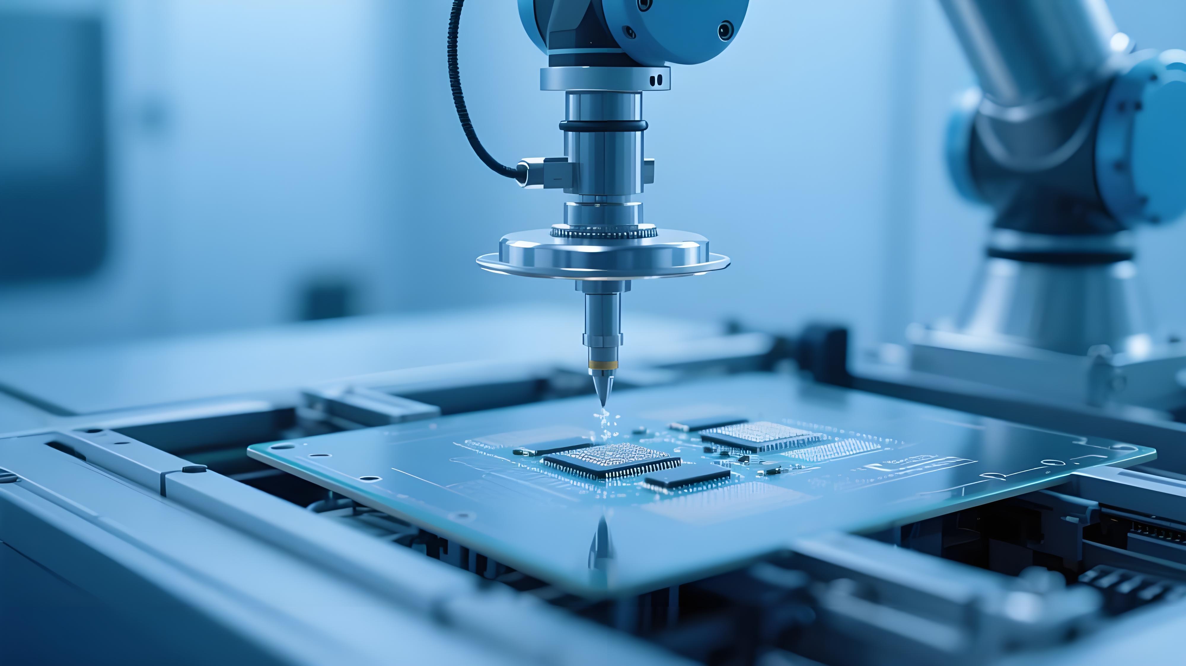 超精密SMT貼裝系統在潔凈室中操作微型元件，展現高科技制造場景