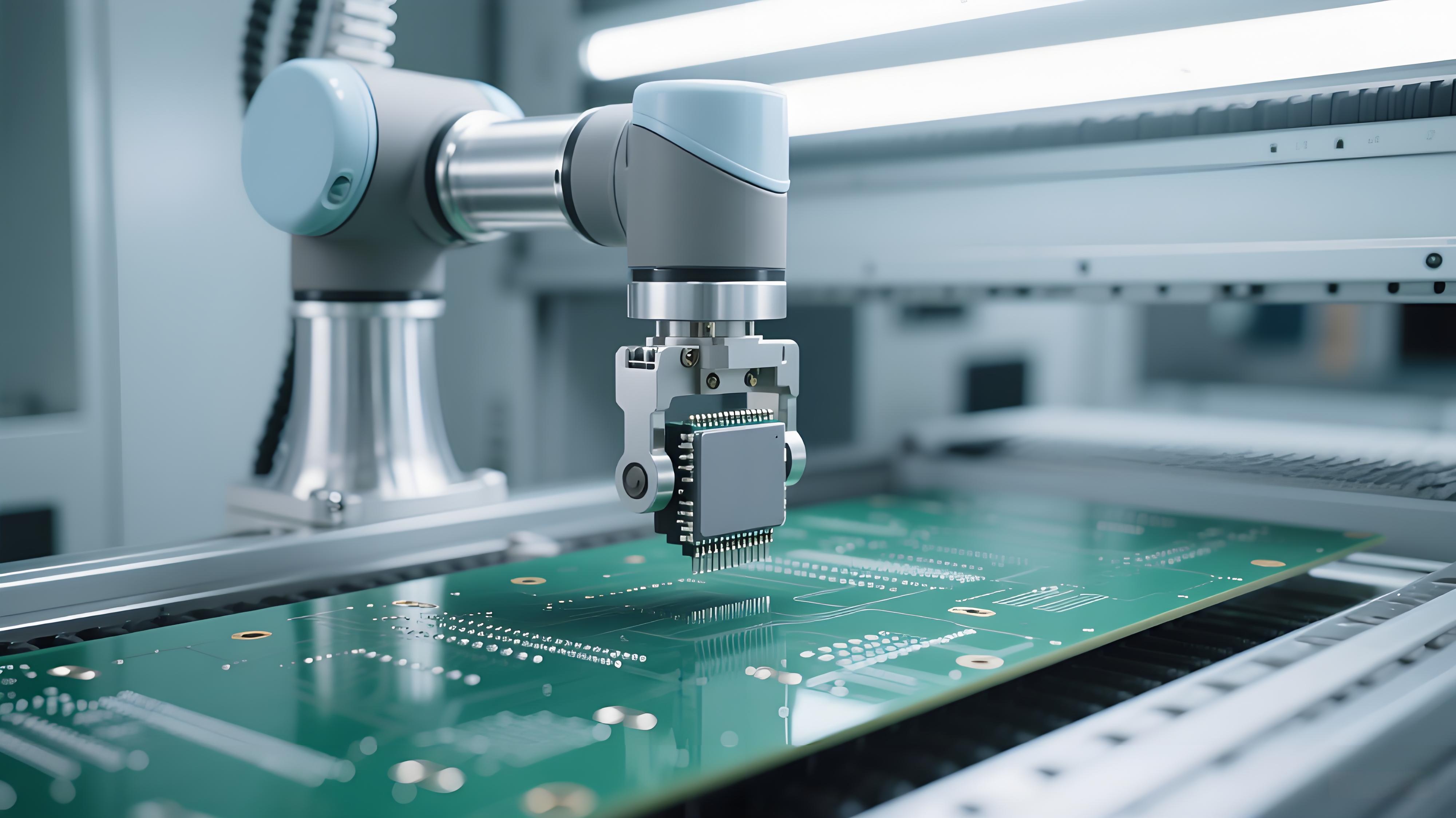 自動化插裝系統中機械臂為PCB板安裝電子元件的場景 自動化插裝系統中機械臂為PCB板安裝電子元件的場景