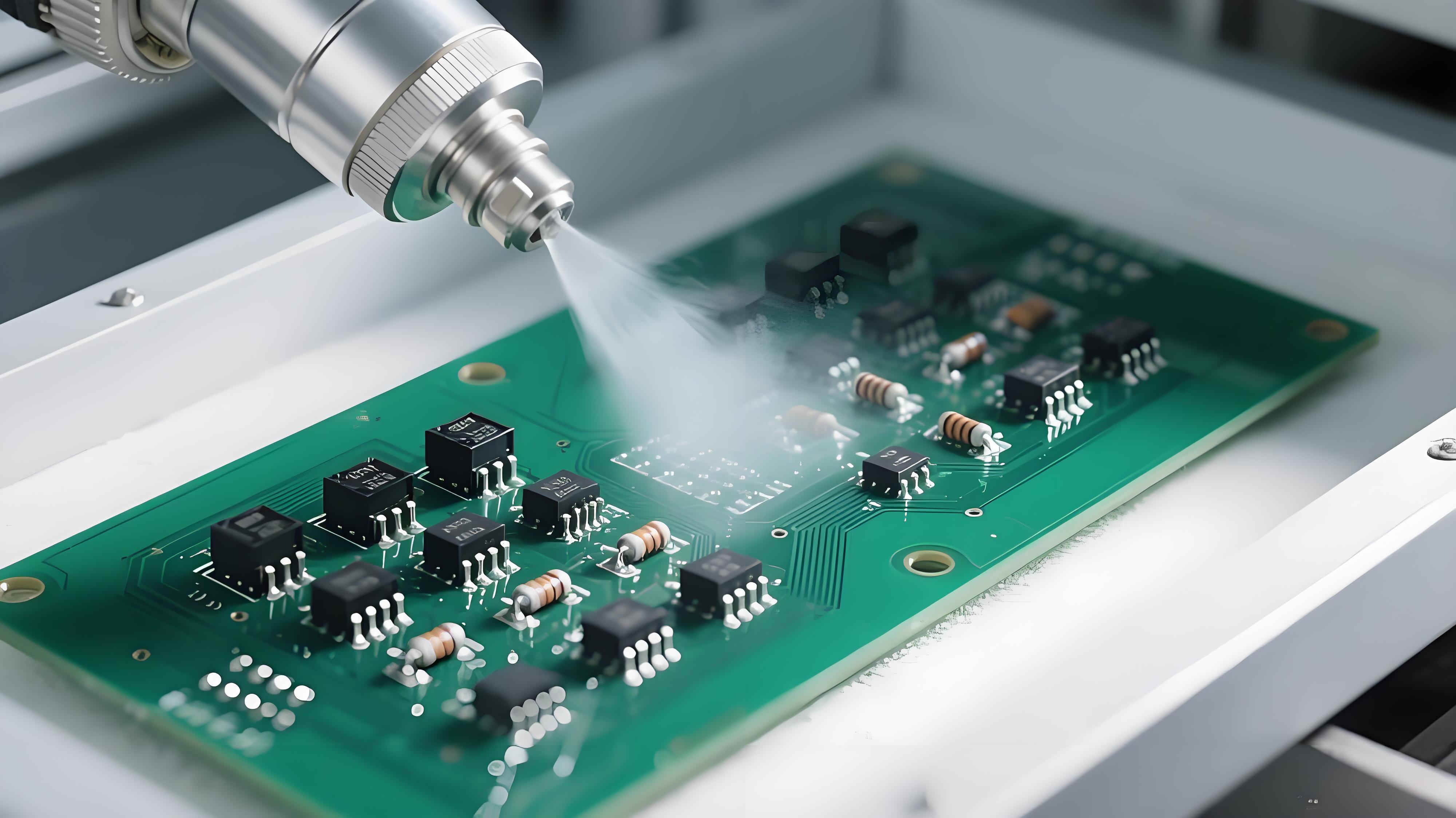 THT元件三防涂覆過程中噴嘴噴涂防護涂層的特寫 THT元件三防涂覆過程中噴嘴噴涂防護涂層的特寫