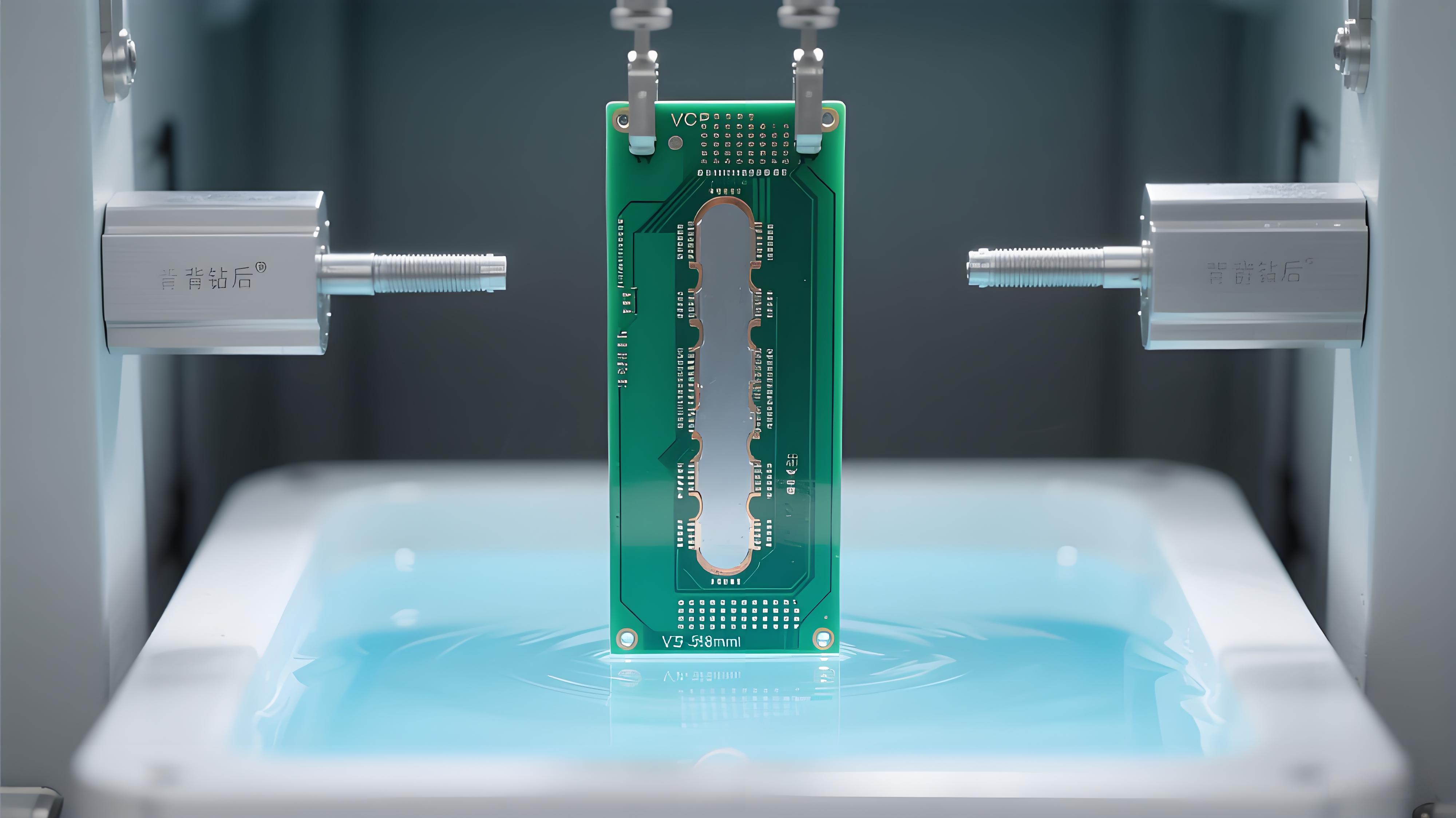 PCB背鉆后VCP垂直電鍍 淡藍(lán)色電鍍液與背鉆孔銀灰色銅層 孔銅厚度控制場(chǎng)景 PCB背鉆后VCP垂直電鍍 淡藍(lán)色電鍍液與背鉆孔銀灰色銅層 孔銅厚度控制場(chǎng)景