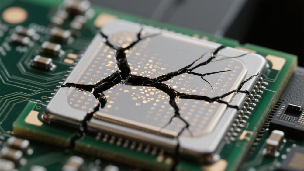 無鉛焊料熱疲勞裂紋擴展微觀路徑 黑色裂紋貫穿銀灰色焊料基體 深綠色 PCB 焊點可靠性測試 無鉛焊料熱疲勞裂紋擴展微觀路徑 黑色裂紋貫穿銀灰色焊料基體 深綠色 PCB 焊點可靠性測試