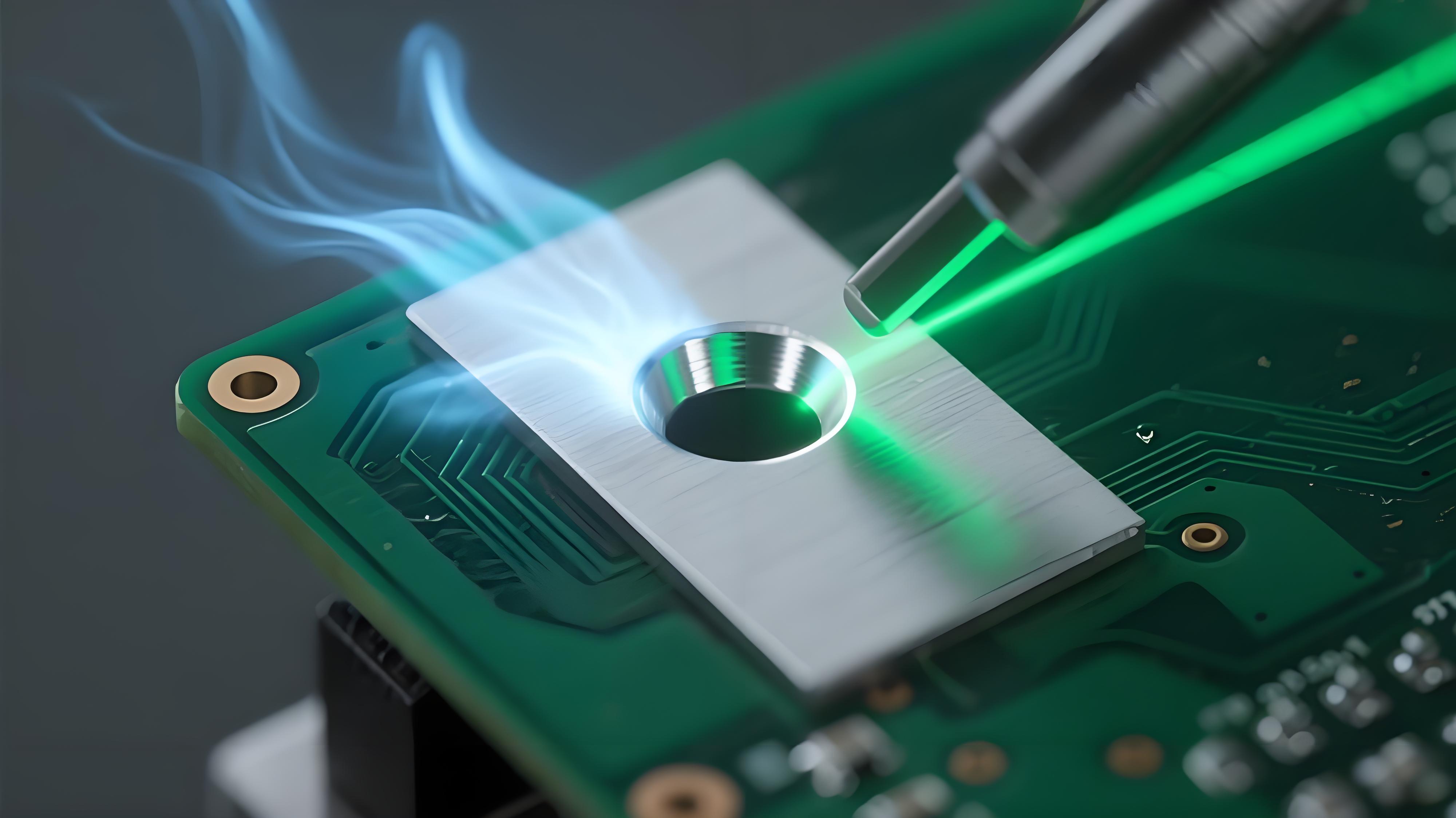 激光焊錫匙孔動態形成過程 紅色激光束聚焦 銀色液態焊料匙孔 深綠色 PCB 焊盤熱效應 激光焊錫匙孔動態形成過程 紅色激光束聚焦 銀色液態焊料匙孔 深綠色 PCB 焊盤熱效應