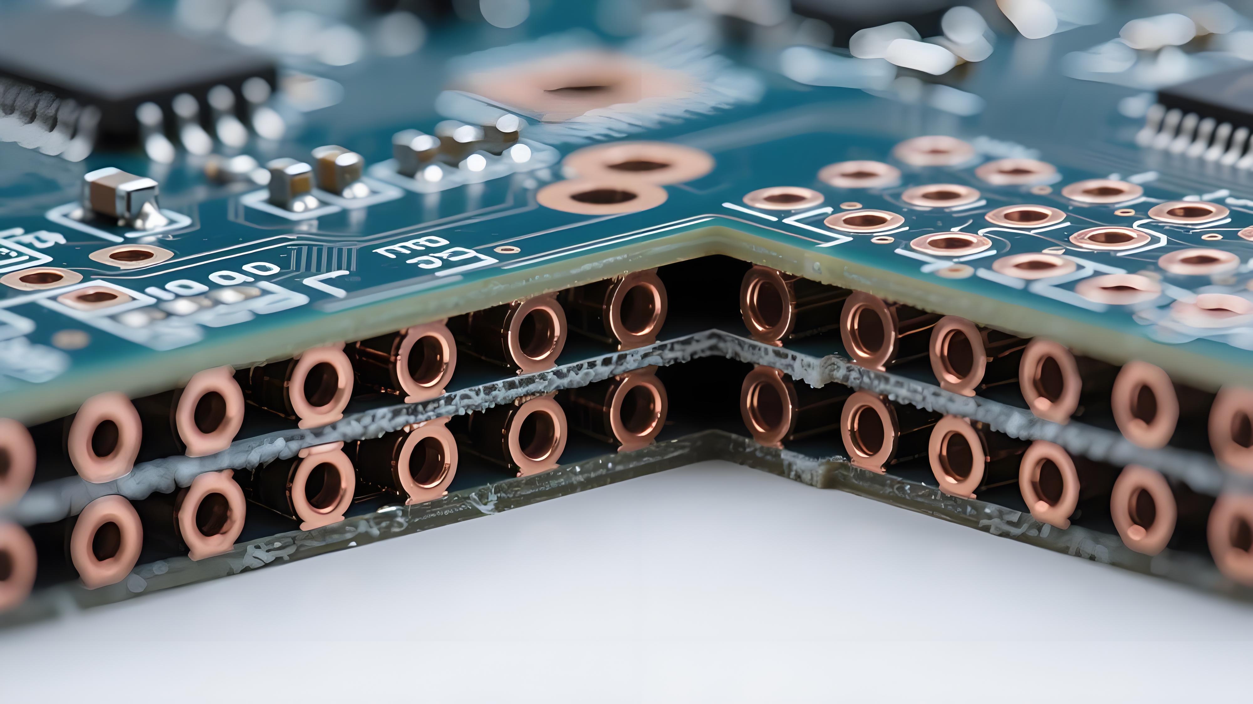 PCB散熱通孔陣列顯微切片橫截面,展示內部銅填充結構 PCB散熱通孔陣列顯微切片橫截面,展示內部銅填充結構