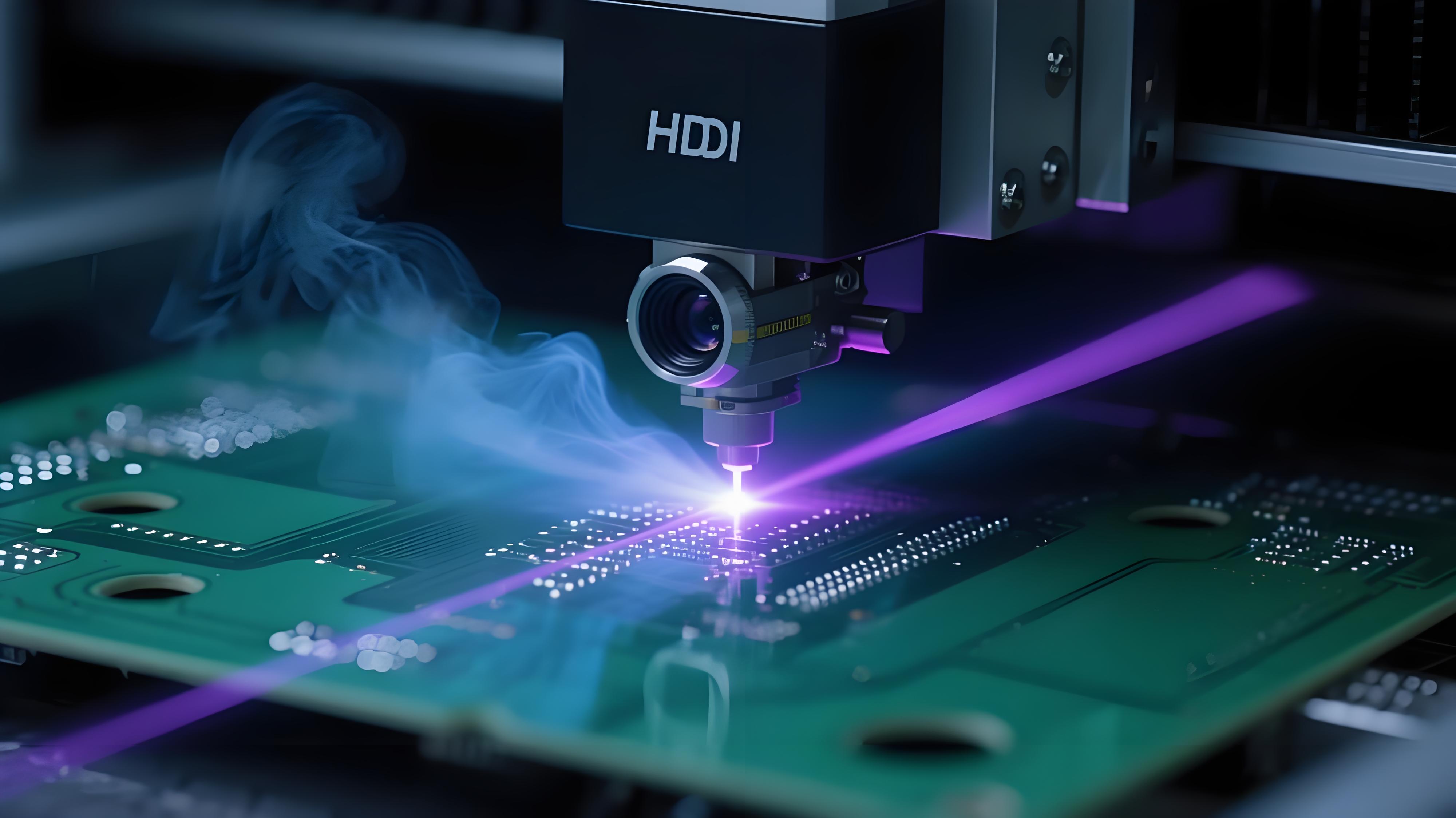 紫外激光鉆孔機在HDI板上進行微孔加工,激光光束聚焦 紫外激光鉆孔機在HDI板上進行微孔加工,激光光束聚焦